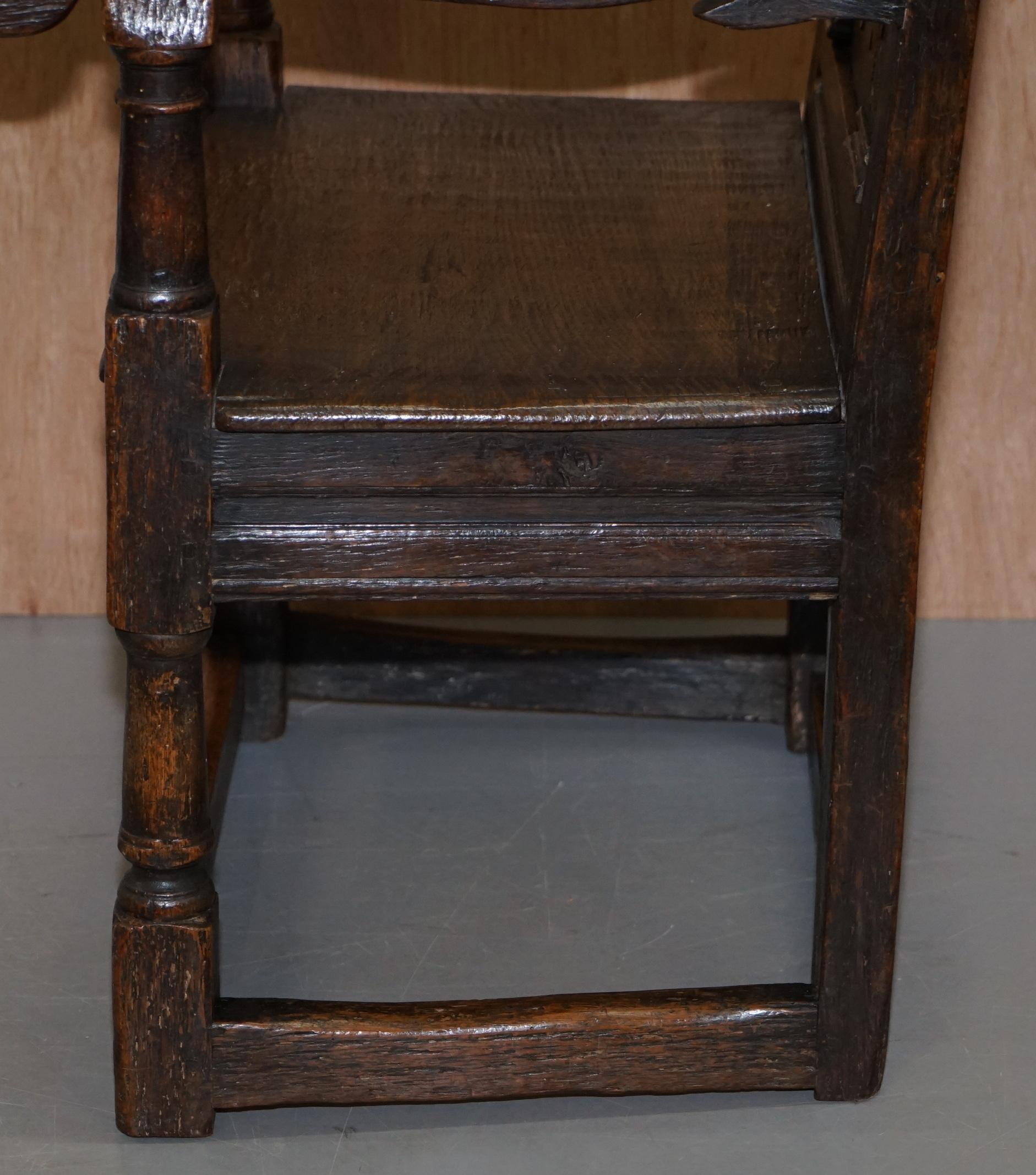 17th Century Charles I English Oak Wainscot Armchair Primate Design Hand Carved 13