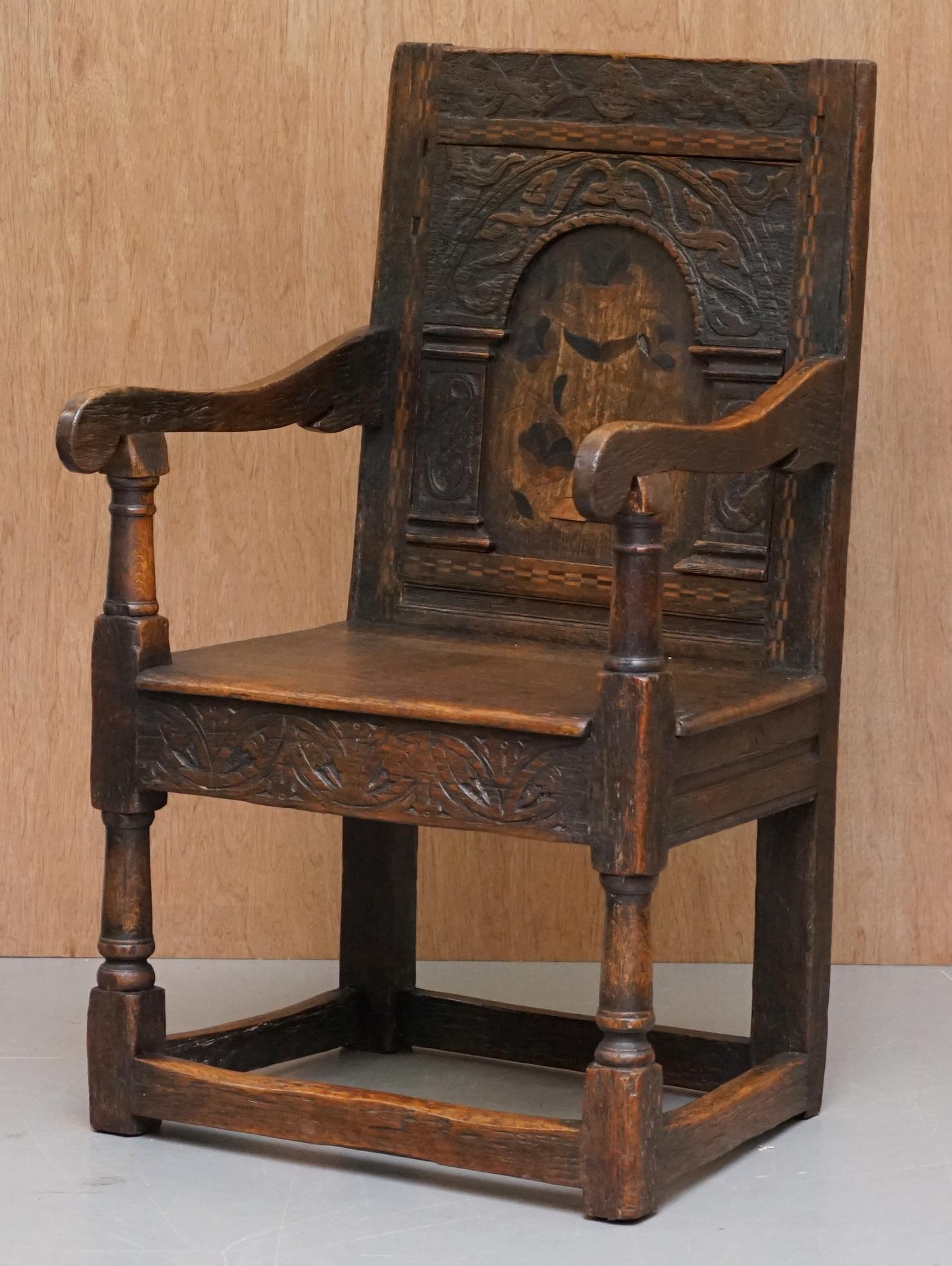 Renaissance 17th Century Charles I English Oak Wainscot Armchair Primate Design Hand Carved