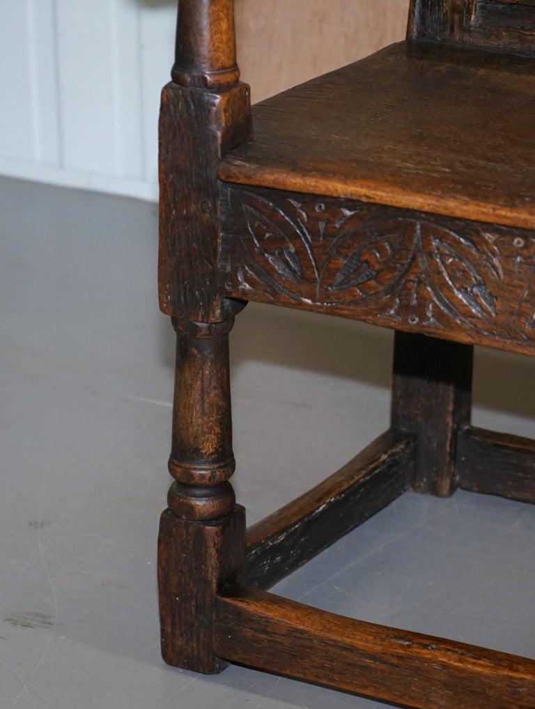 17th Century Charles I English Oak Wainscot Armchair Primate Design Hand Carved For Sale 1