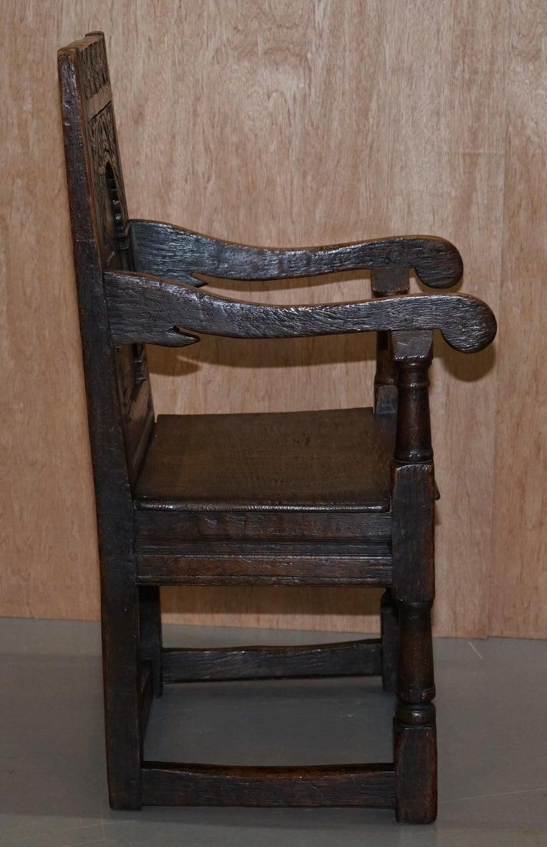 17th Century Charles I English Oak Wainscot Armchair Primate Design Hand Carved For Sale 2