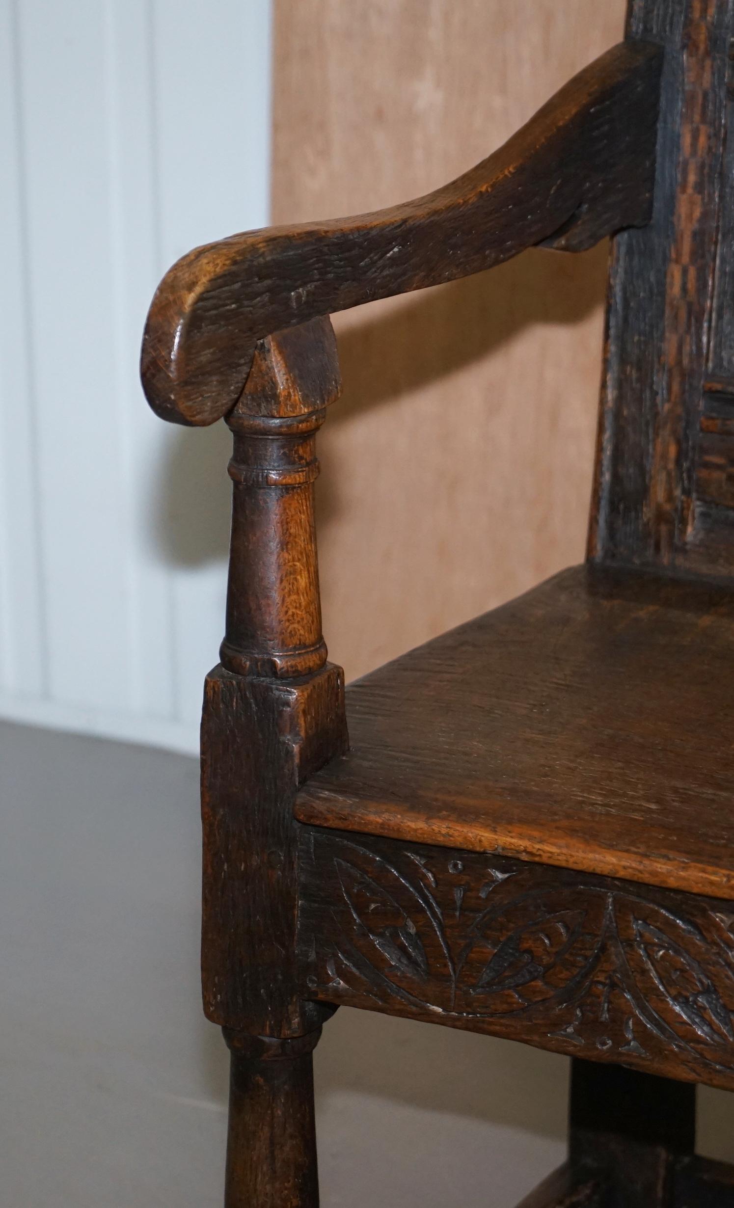 17th Century Charles I English Oak Wainscot Armchair Primate Design Hand Carved 3
