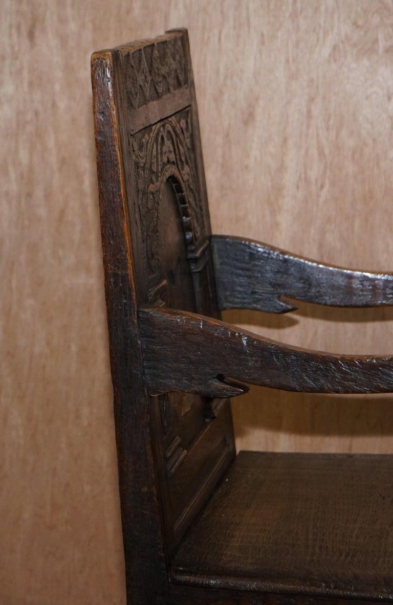 17th Century Charles I English Oak Wainscot Armchair Primate Design Hand Carved For Sale 3
