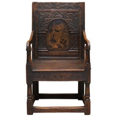 Antique 17th Century Charles I English Oak Wainscot Armchair Primate Design Hand Carved