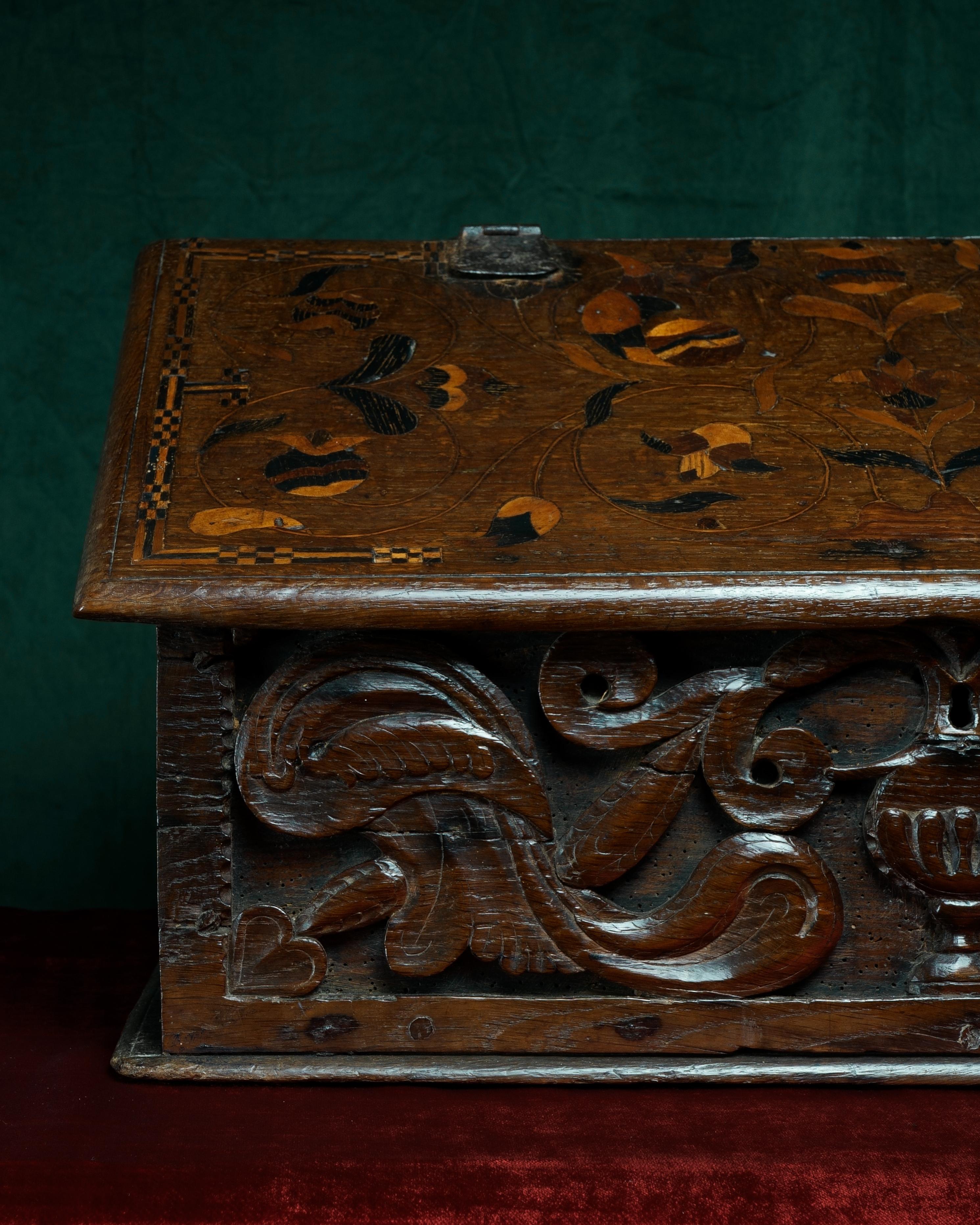 Jacobean 17th Century, Charles I, Inlaid & Carved Oak Desk Box, Circa 1640 For Sale