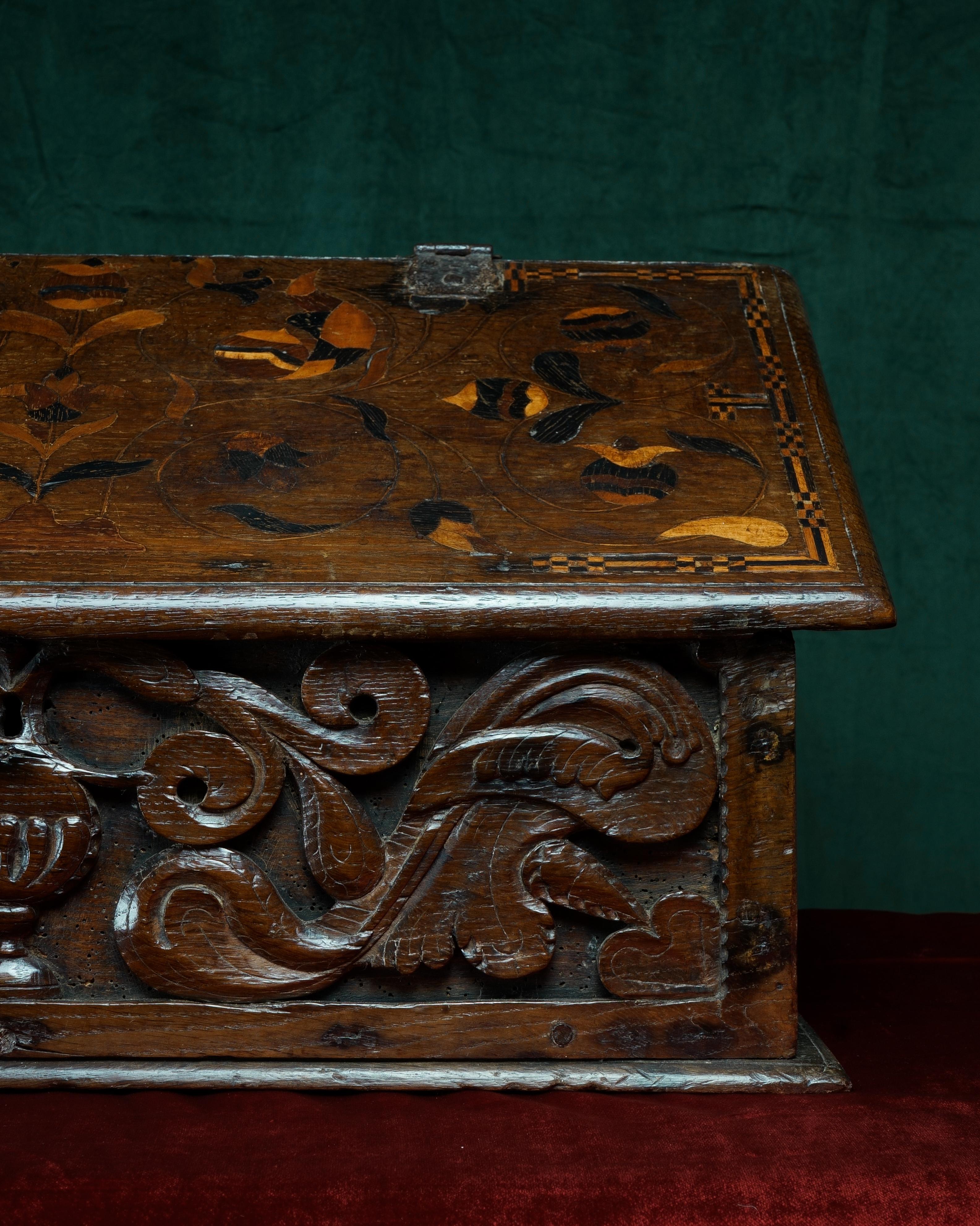English 17th Century, Charles I, Inlaid & Carved Oak Desk Box, Circa 1640 For Sale