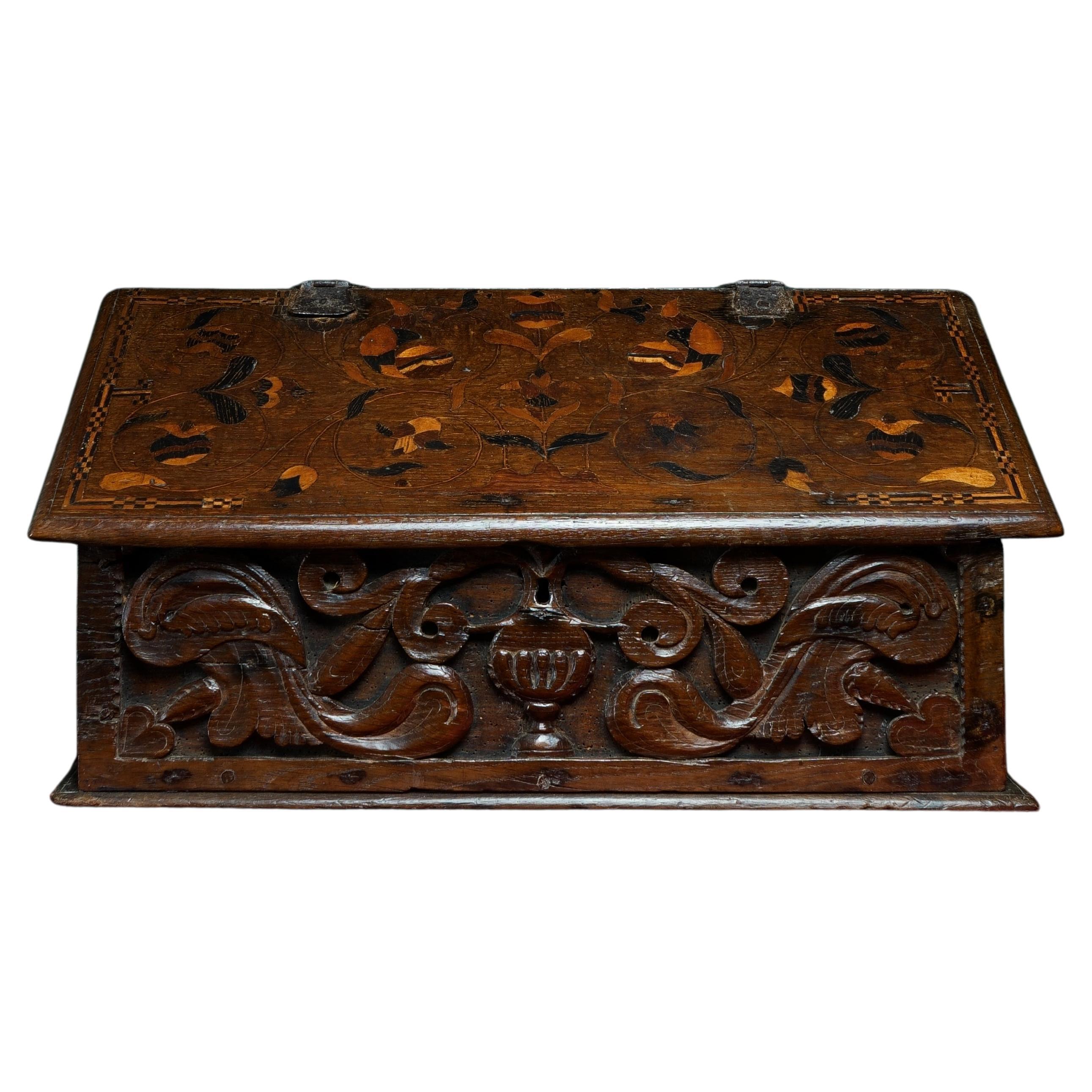 17th Century, Charles I, Inlaid & Carved Oak Desk Box, Circa 1640 For Sale