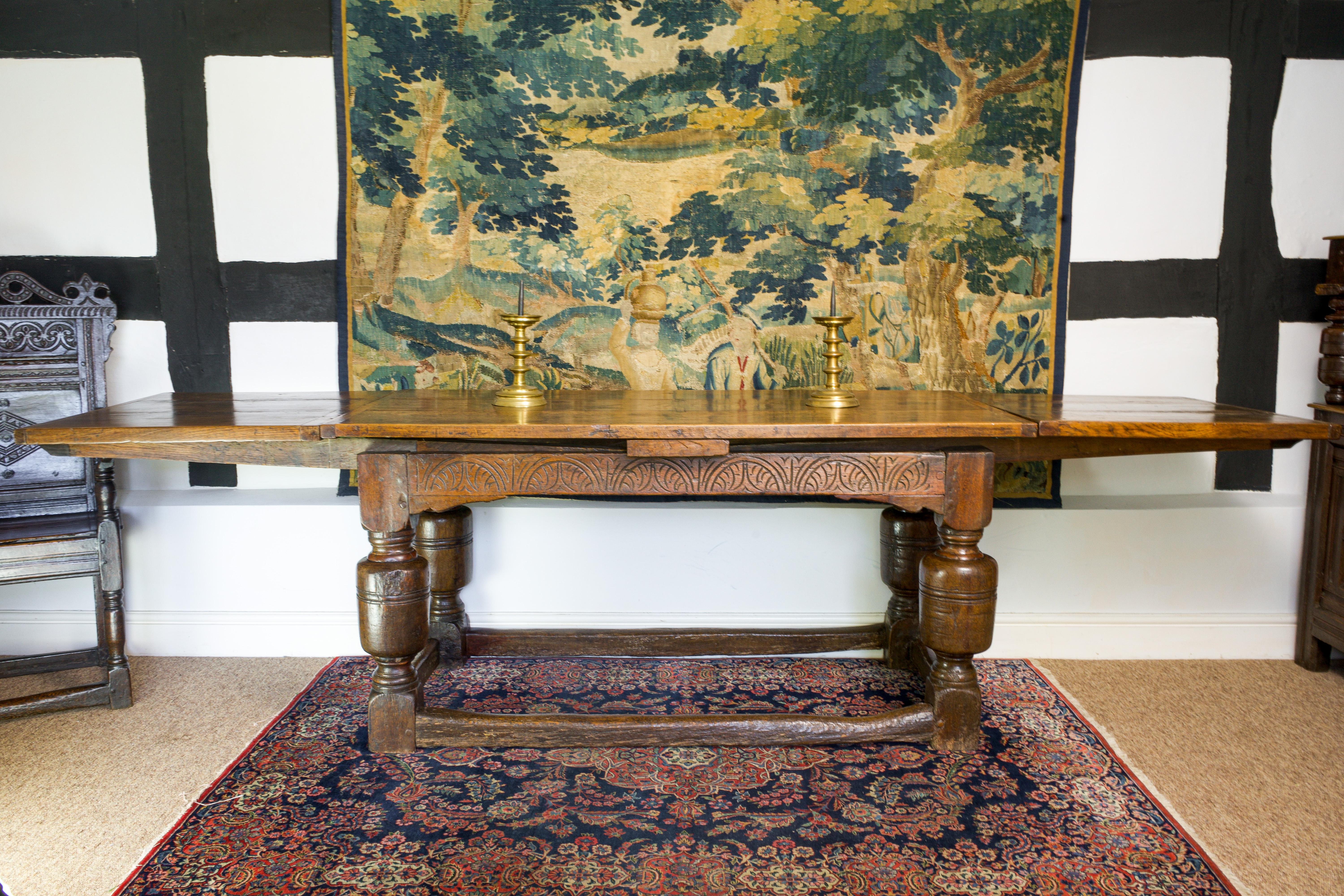 Carved 17th Century, Charles I, Oak Draw Leaf Table, Circa 1640 For Sale