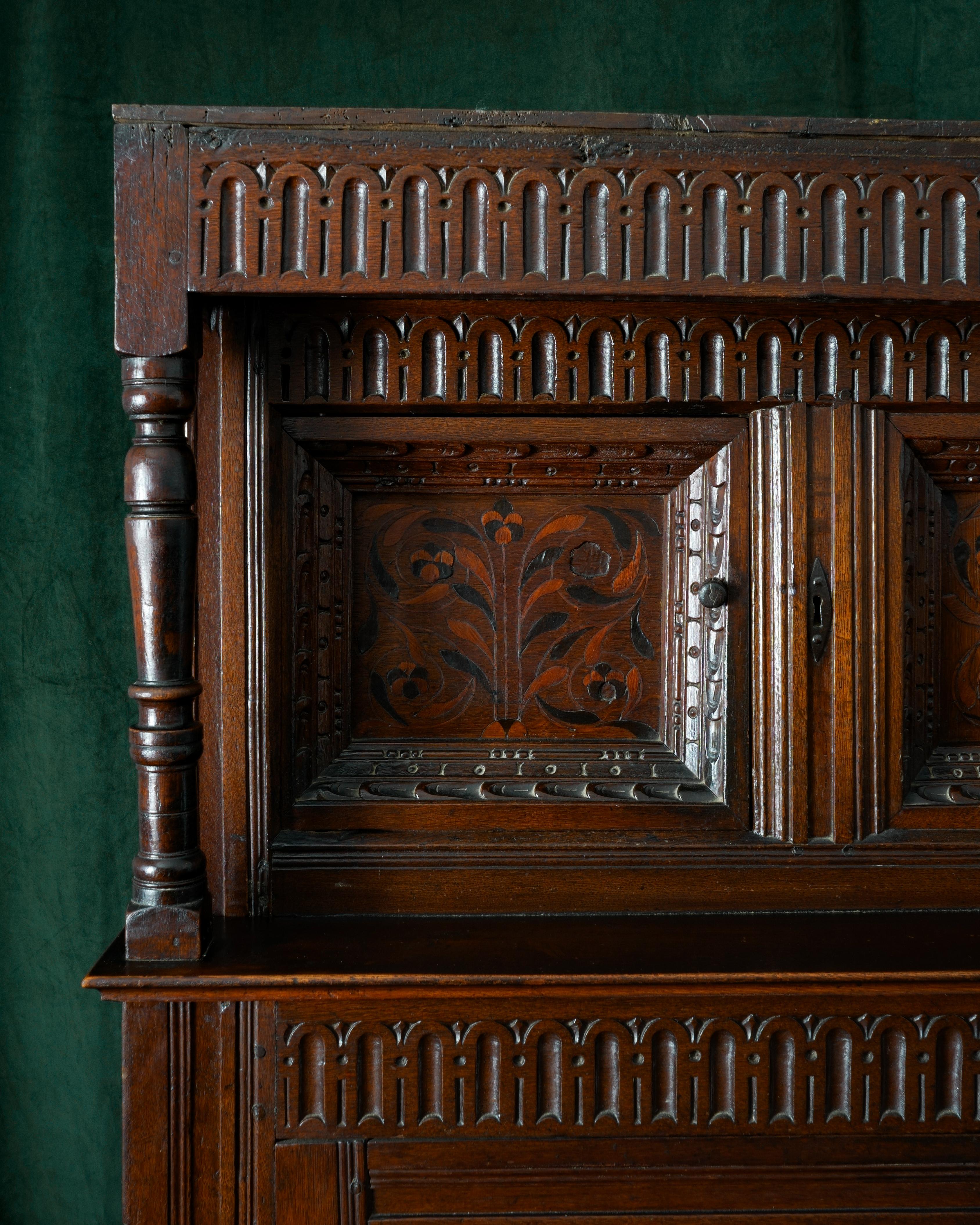 Jacobean 17th Century, Charles I, Oak & Inlaid Court Cupboard, Circa 1630 For Sale