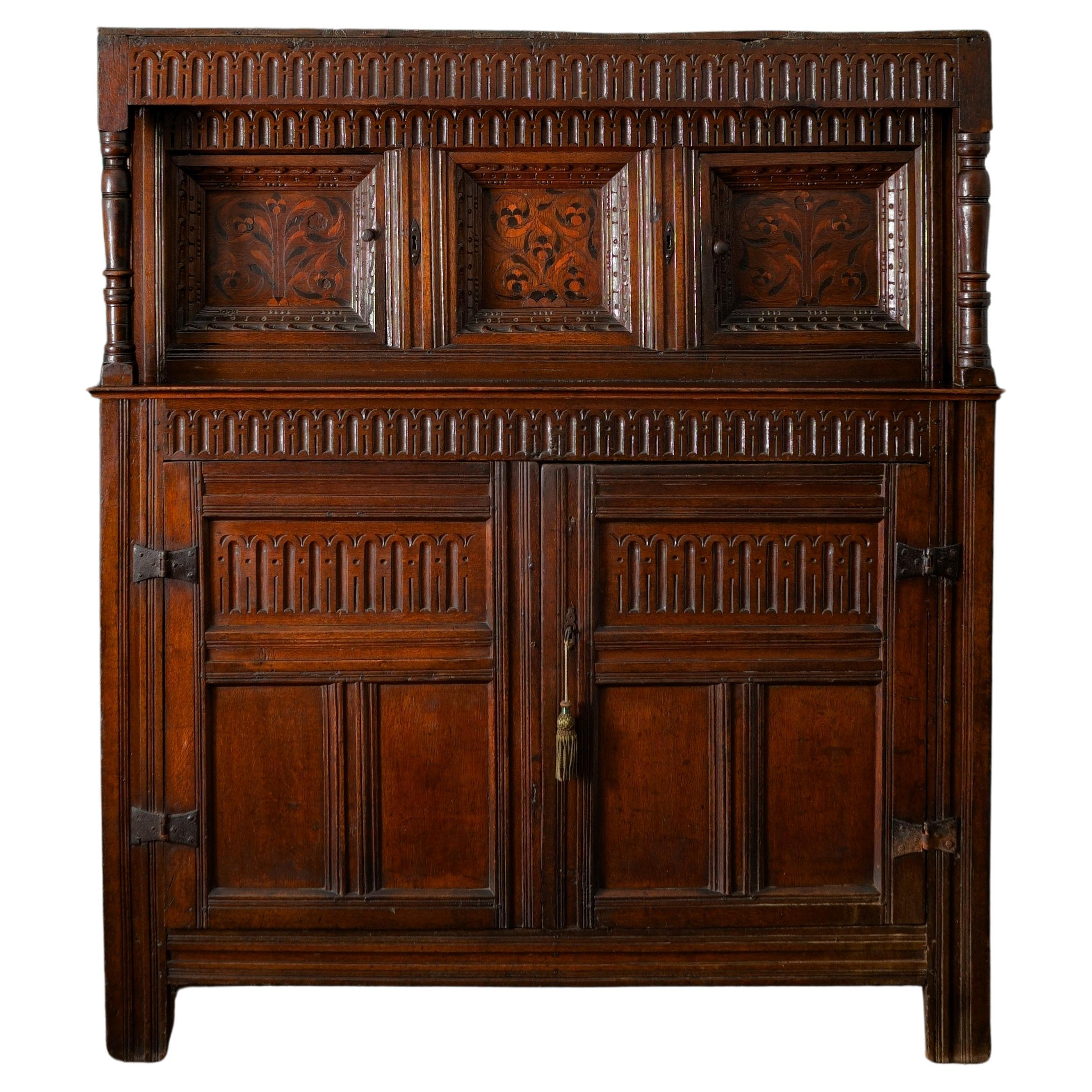 17th Century, Charles I, Oak & Inlaid Court Cupboard, Circa 1630 For Sale