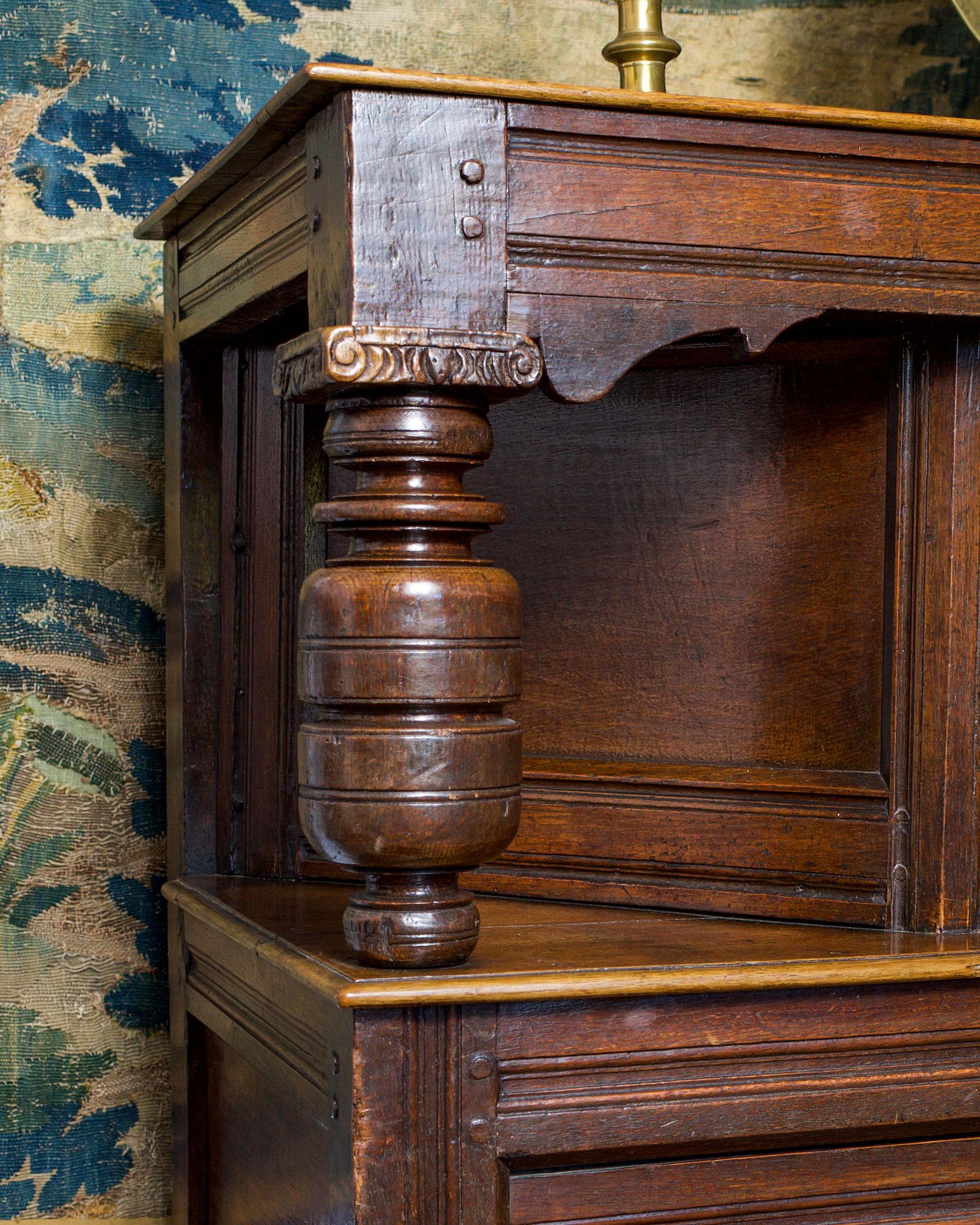 British 17th Century, Charles II, Canted Oak Livery Cupboard, England, Circa 1660