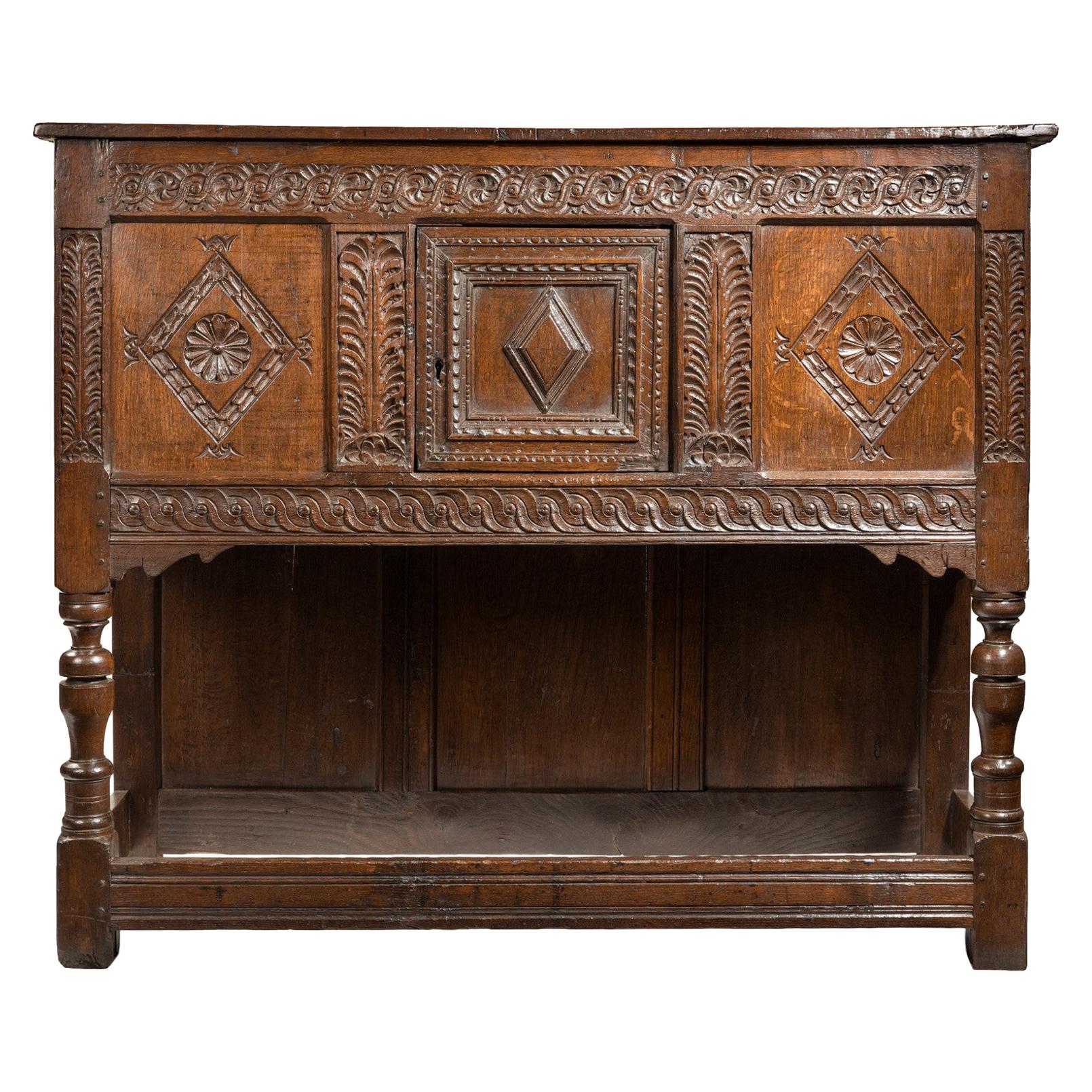 17th Century Charles II Carved Oak Livery Cupboard For Sale
