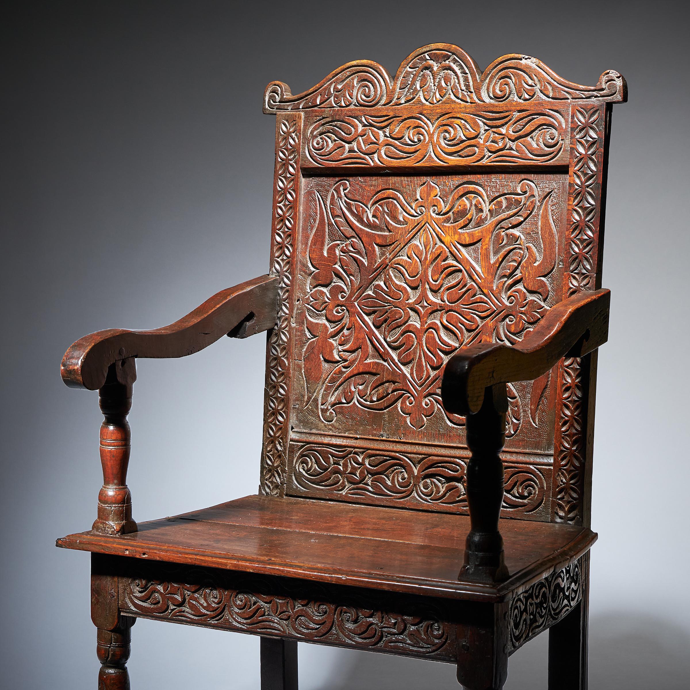 17th Century Charles II Carved Oak Wainscot Armchair  For Sale 1