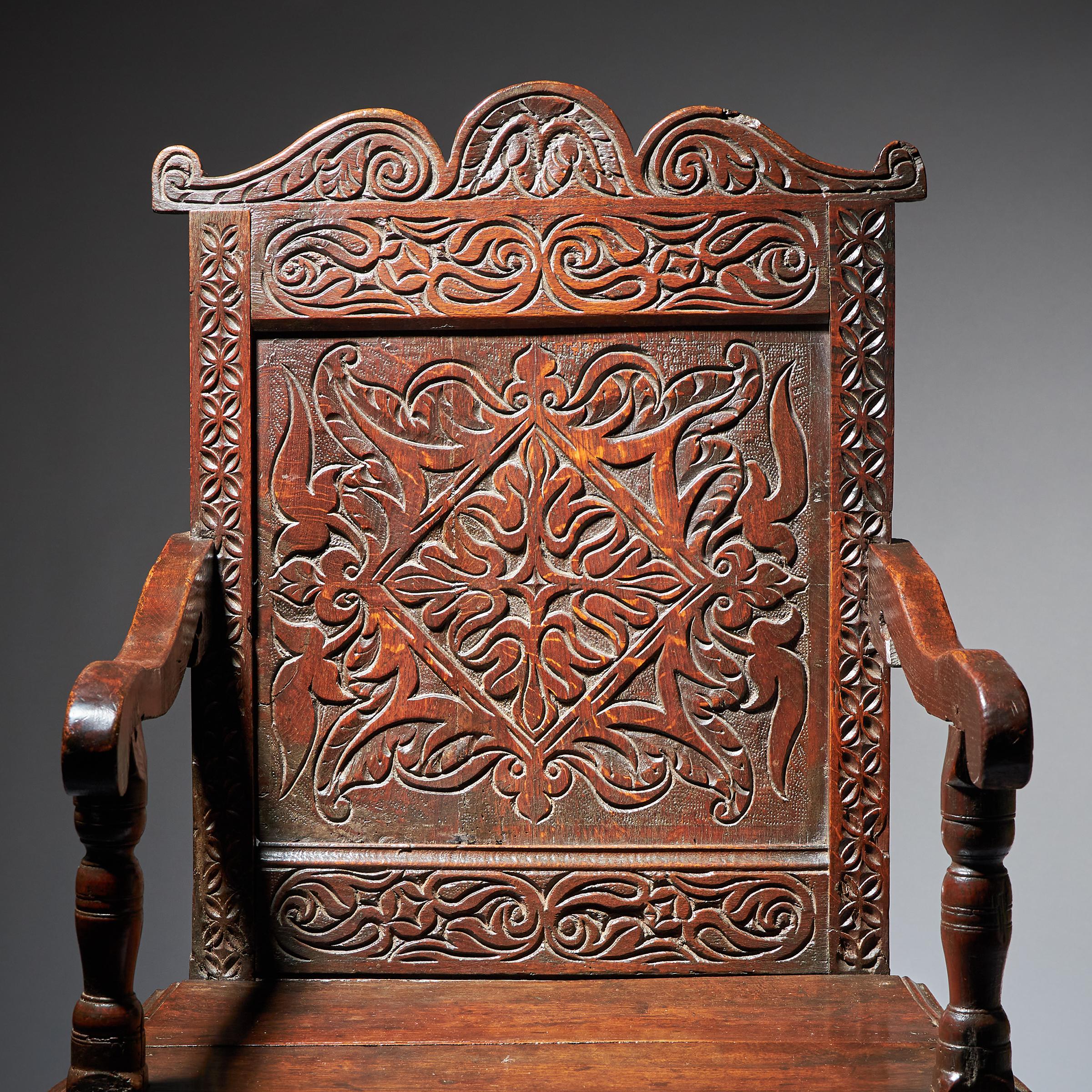 17th Century Charles II Carved Oak Wainscot Armchair  For Sale 2
