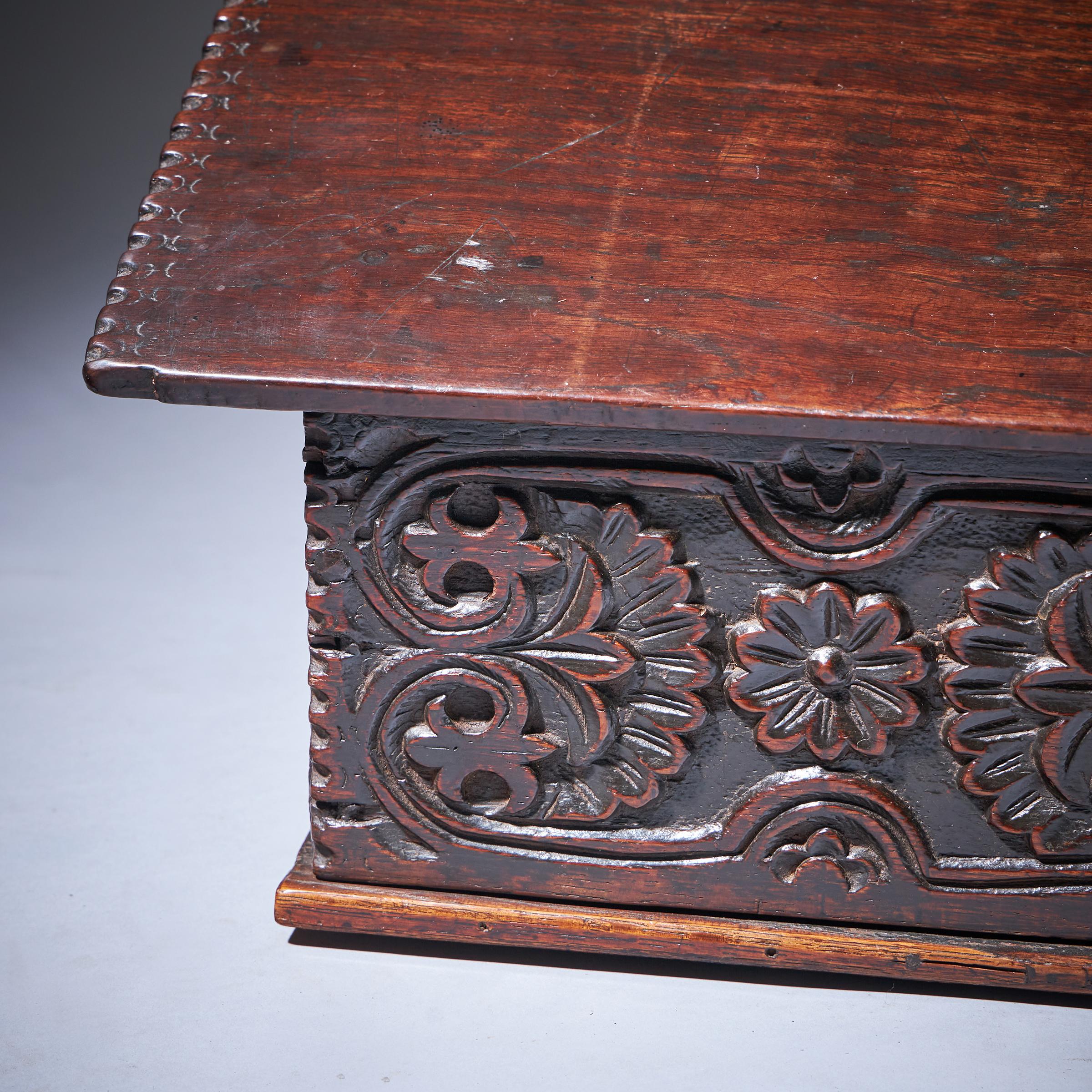 17th Century Charles II Carved Oak Writing Box or Desk Box circa 1670 England For Sale 5