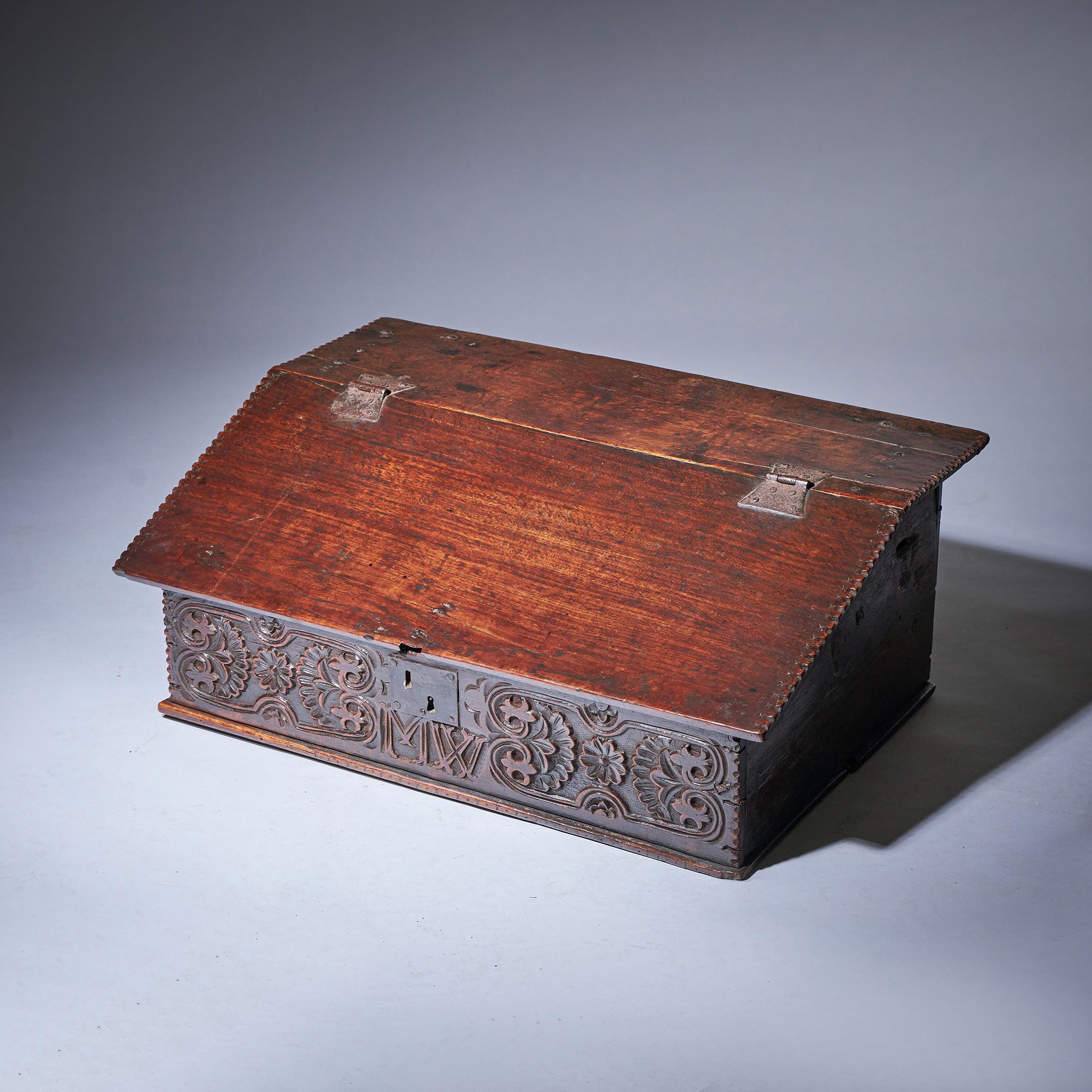 English 17th Century Charles II Carved Oak Writing Box or Desk Box circa 1670 England For Sale