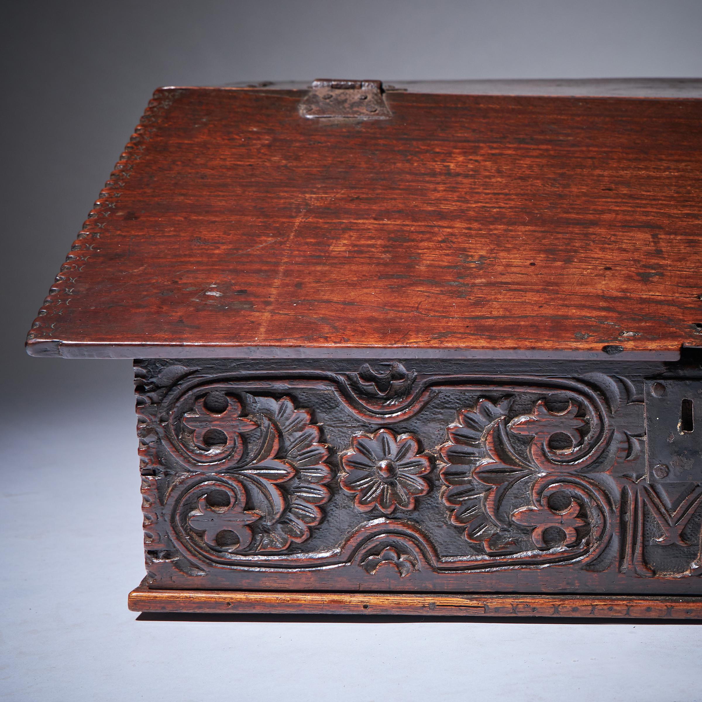 17th Century Charles II Carved Oak Writing Box or Desk Box circa 1670 England For Sale 4