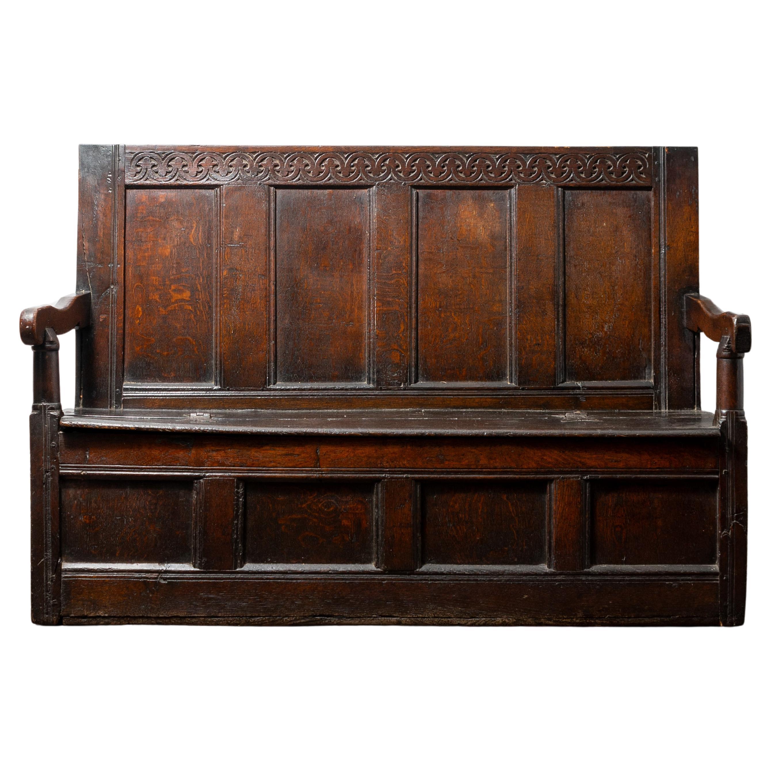 17th Century, Charles II, Joined Oak Box Settle, England, Circa 1660 For Sale