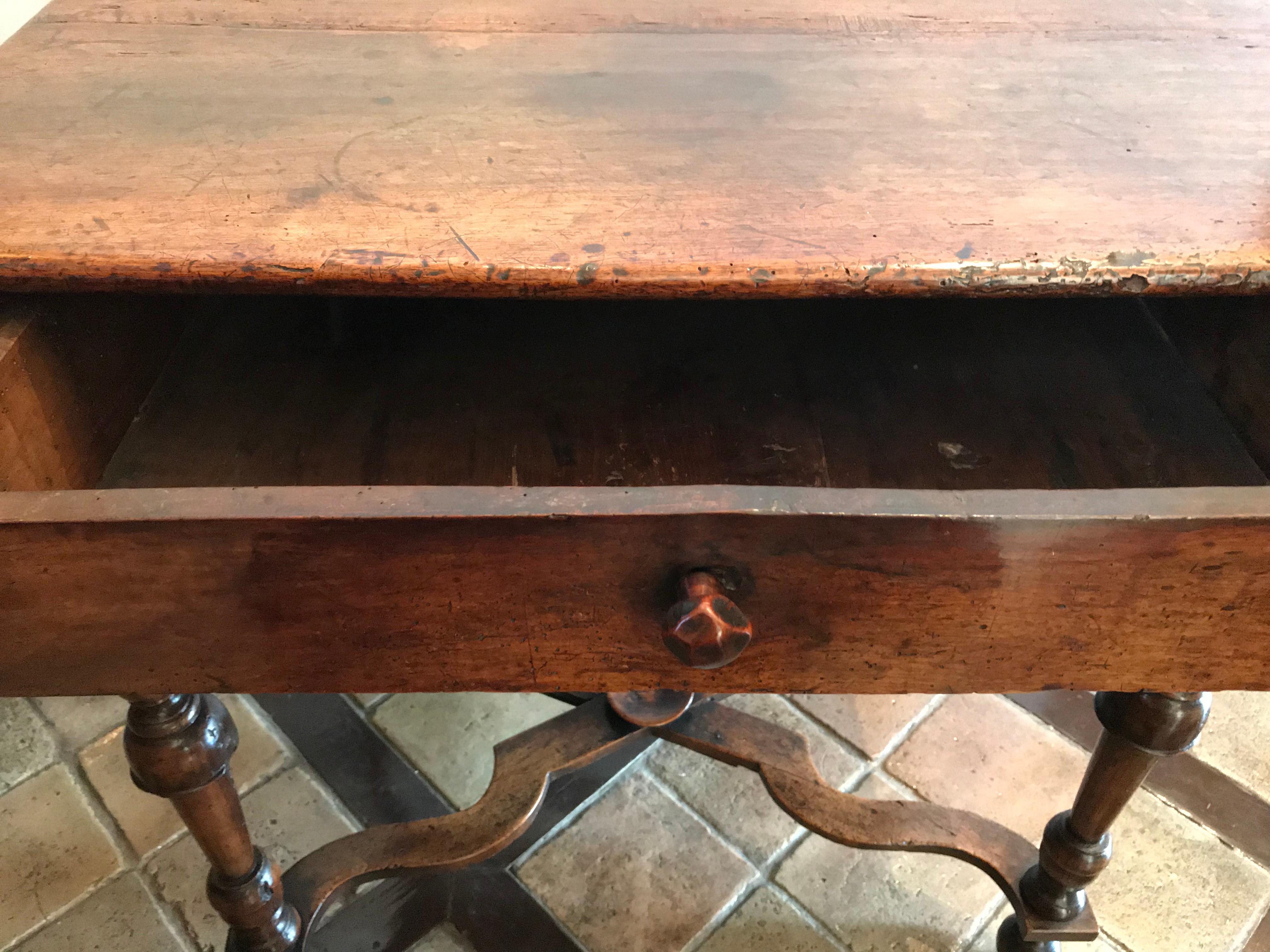 Hand-Carved 17th C Charles II Walnut Table Joined by a Stretcher Side Table hand carved wood