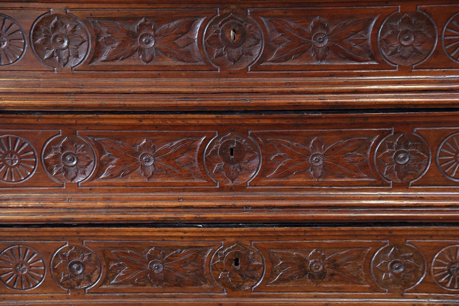 Hand-Carved 17th Century French Walnut Chest of Drawers For Sale