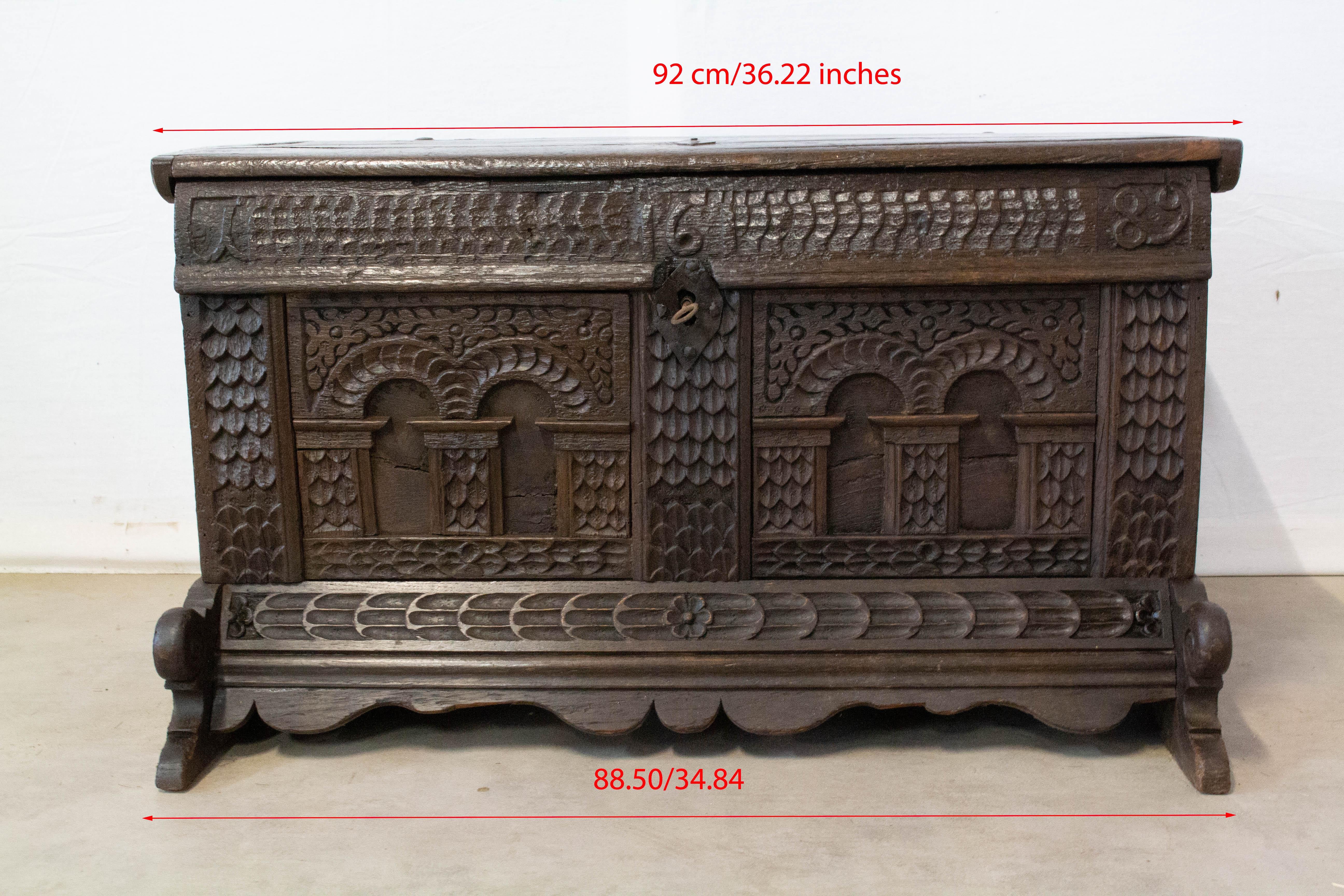17th Century Chest or Coffer Carved Oak French Provincial Year 1689 7
