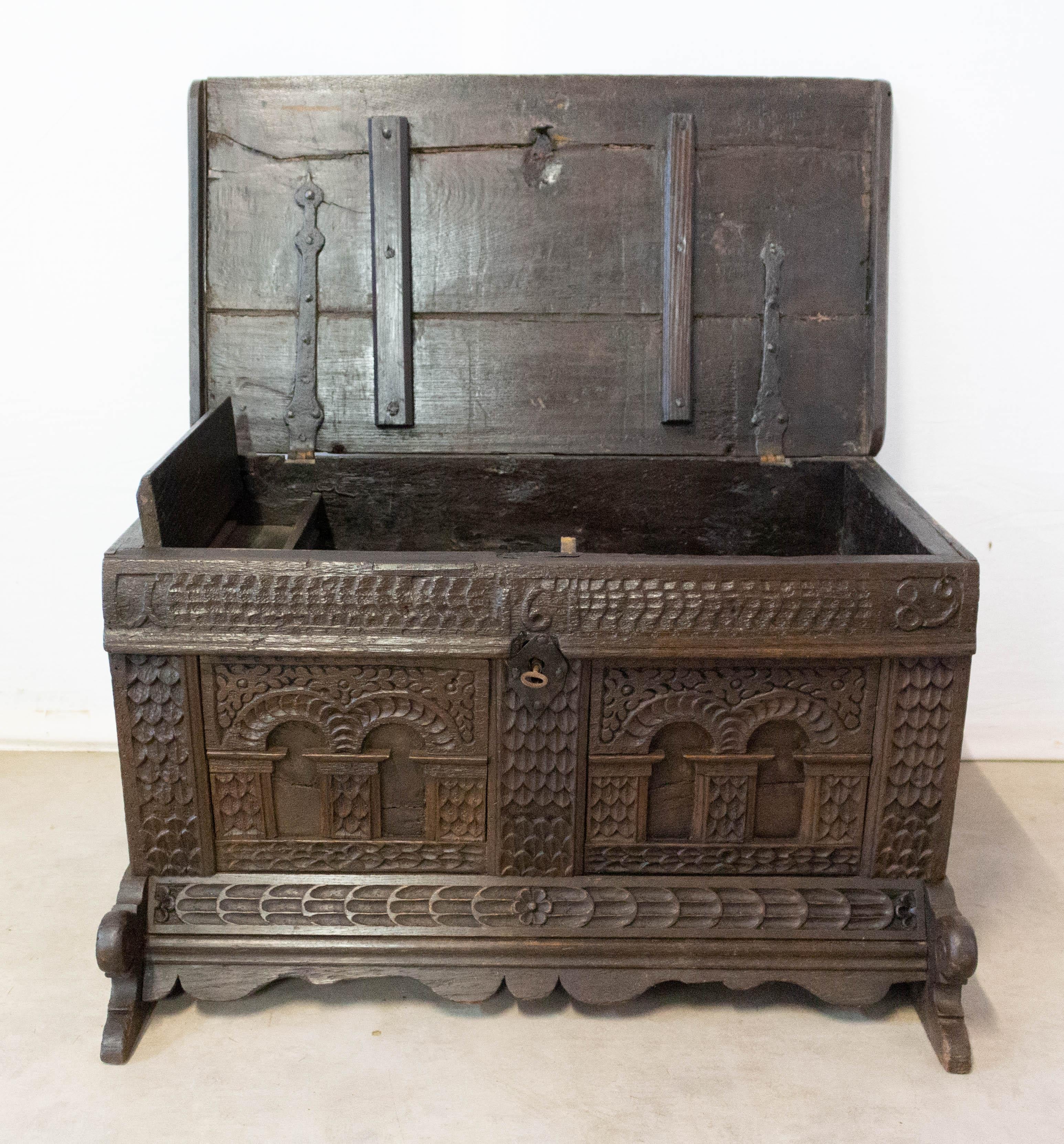 17th Century Chest or Coffer Carved Oak French Provincial Year 1689 2