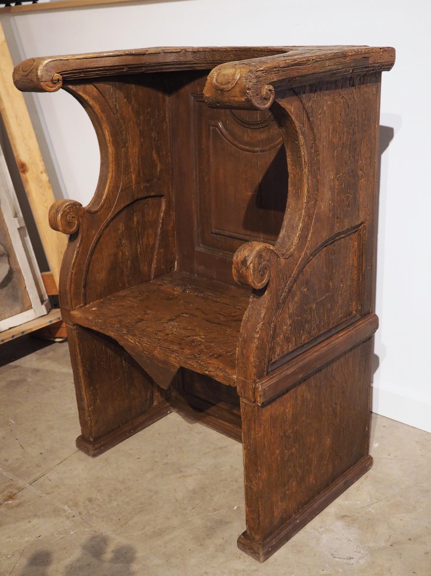 From Portugal in the 1600’s, this choir seat has a flip-top seat known as a misericord, or mercy seat. As with most antique cathedral seating, the chair places a premium on functionality, with carved embellishments at a minimum, allowing the molding