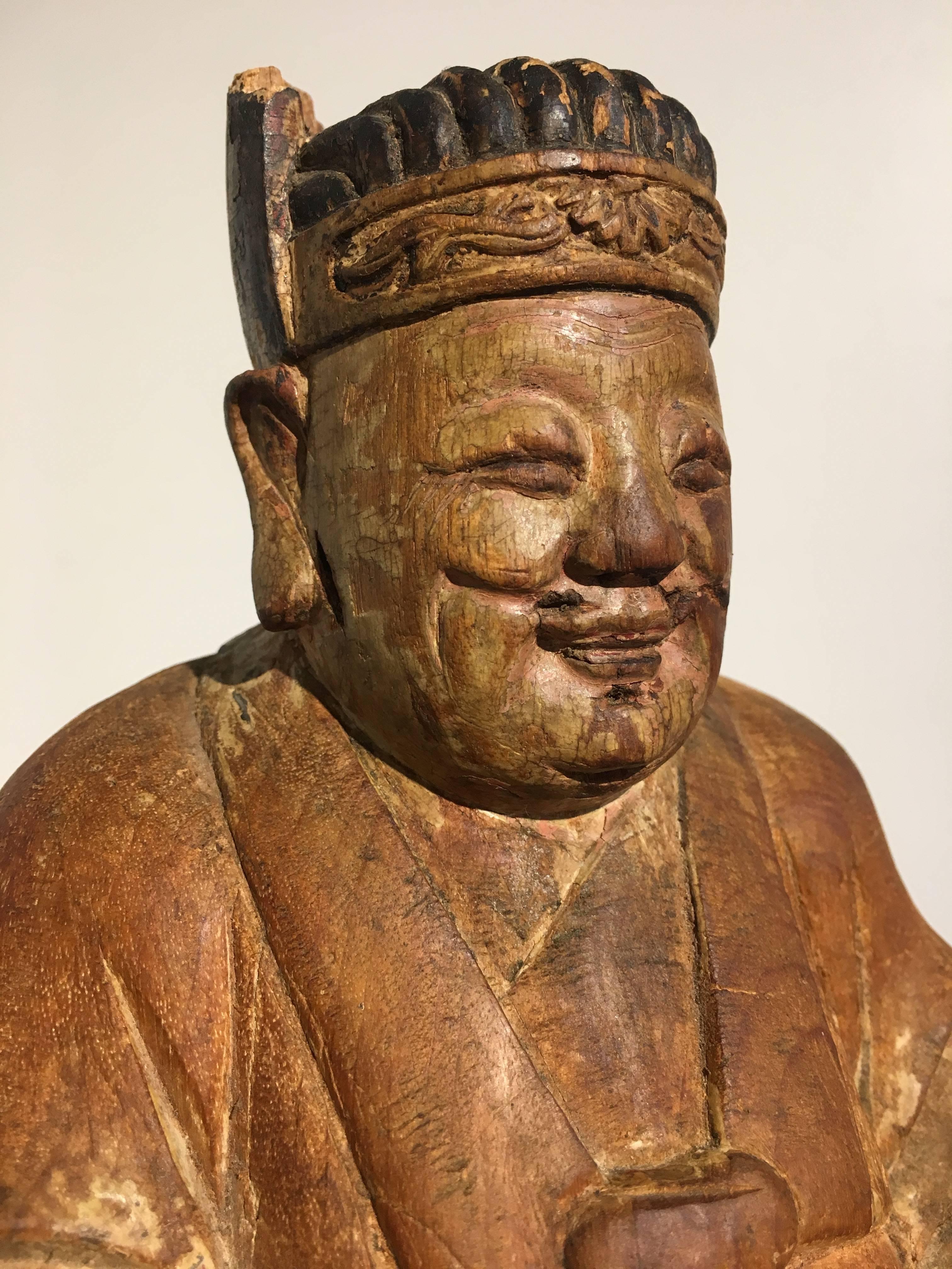Ming 17th Century Chinese Carved Camphor Wood Figure of Caishen, the God of Wealth