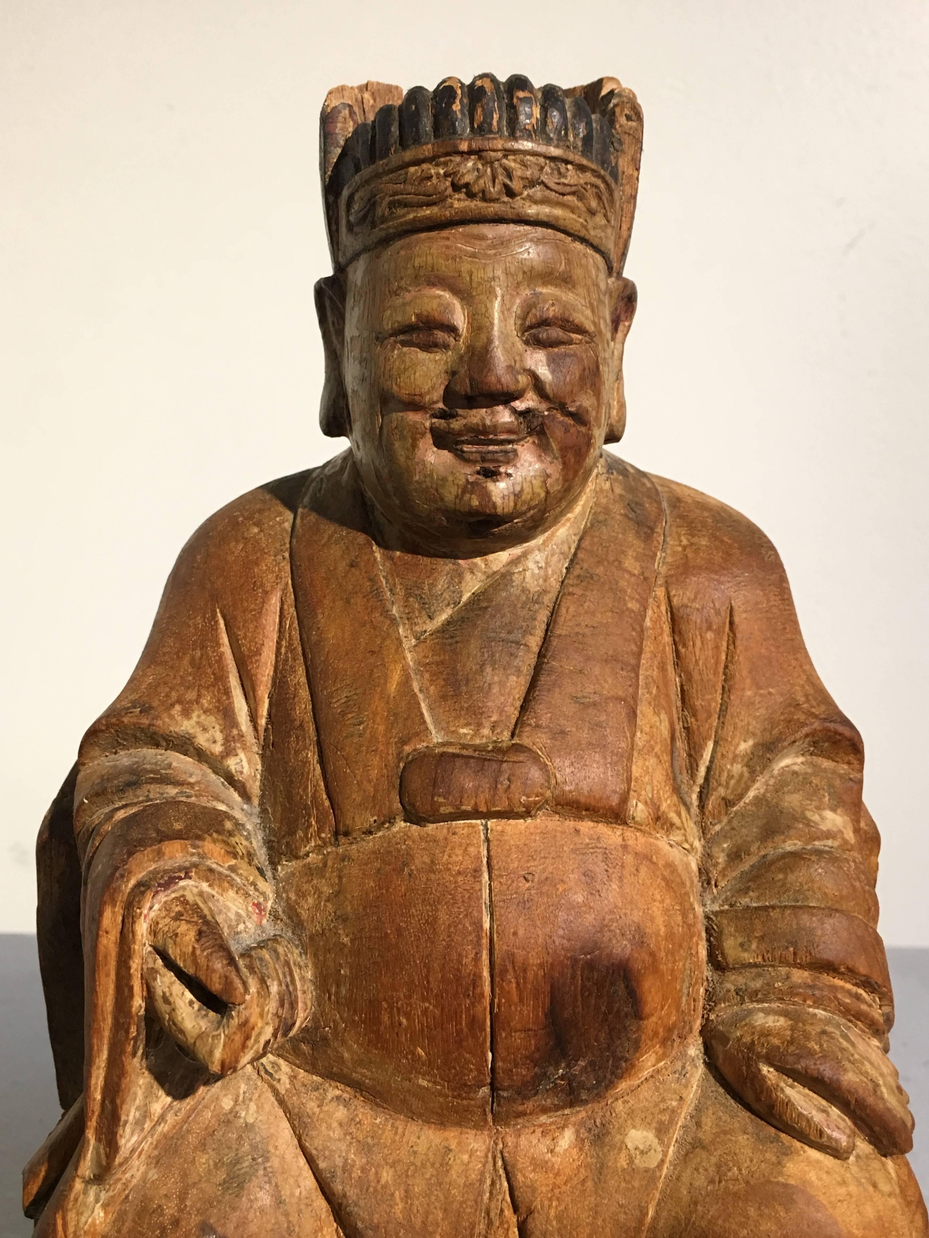 Hand-Carved 17th Century Chinese Carved Camphor Wood Figure of Caishen, the God of Wealth
