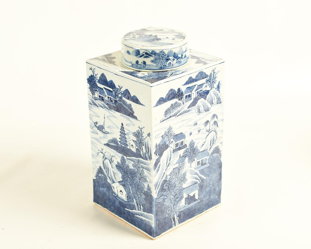 A Kangxi porcelain tea jar from the 17th century Qing dynasty is might be something to add to your collection of blue and white pieces, or a most splendid starting point on which to build.
This Chinese underglaze blue and white tea jar is adorned