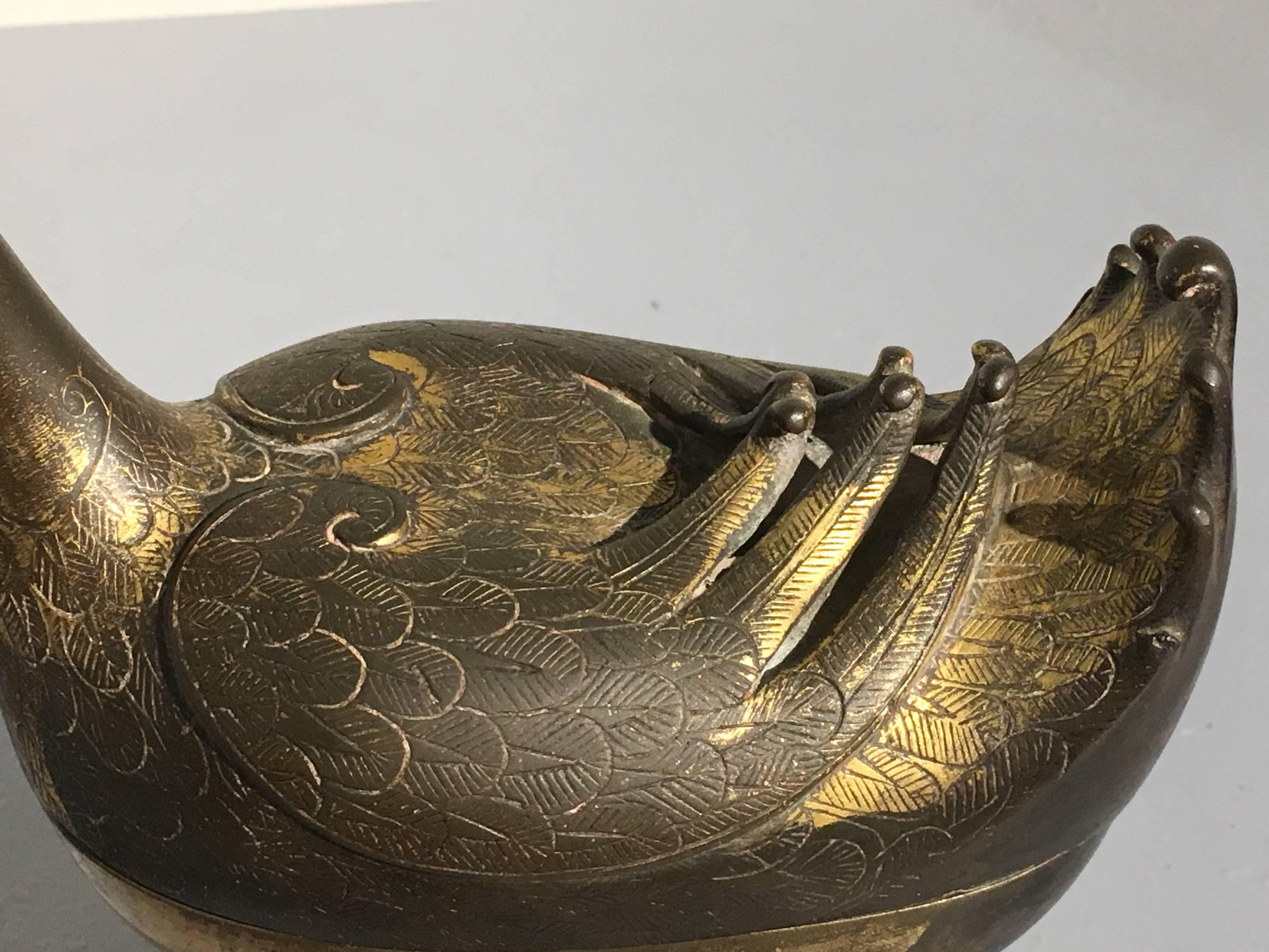 17th Century Chinese Late Ming Dynasty Gilt Bronze Duck form Censer 3