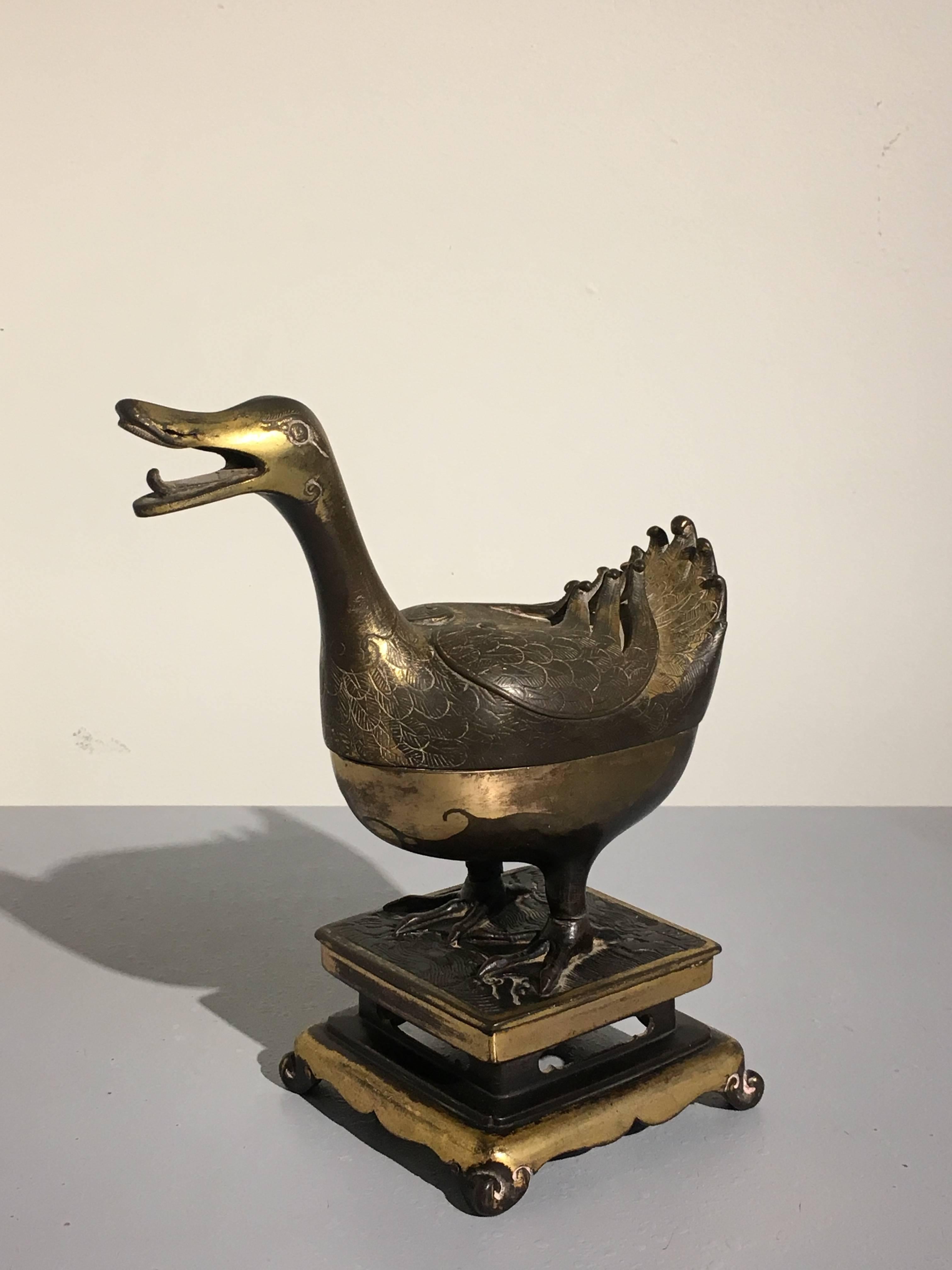 Cast 17th Century Chinese Late Ming Dynasty Gilt Bronze Duck form Censer