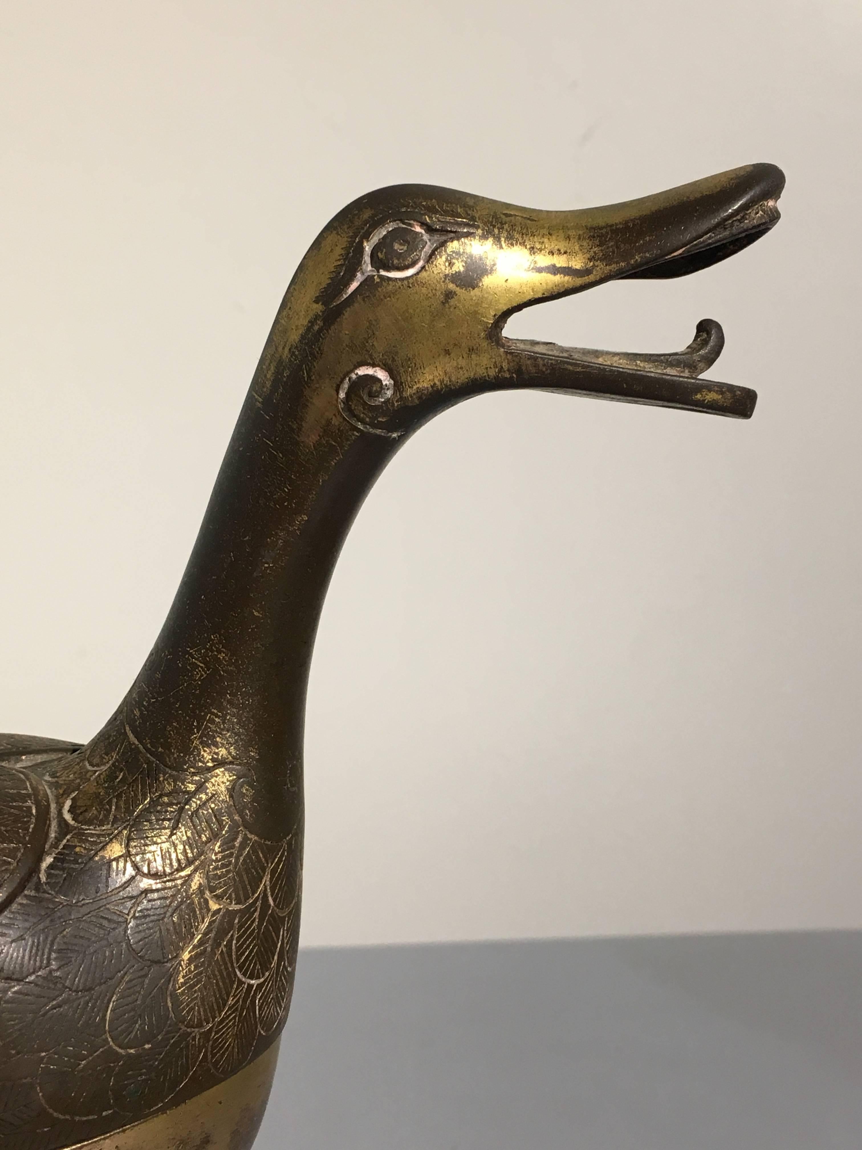 17th Century Chinese Late Ming Dynasty Gilt Bronze Duck form Censer In Good Condition In Austin, TX
