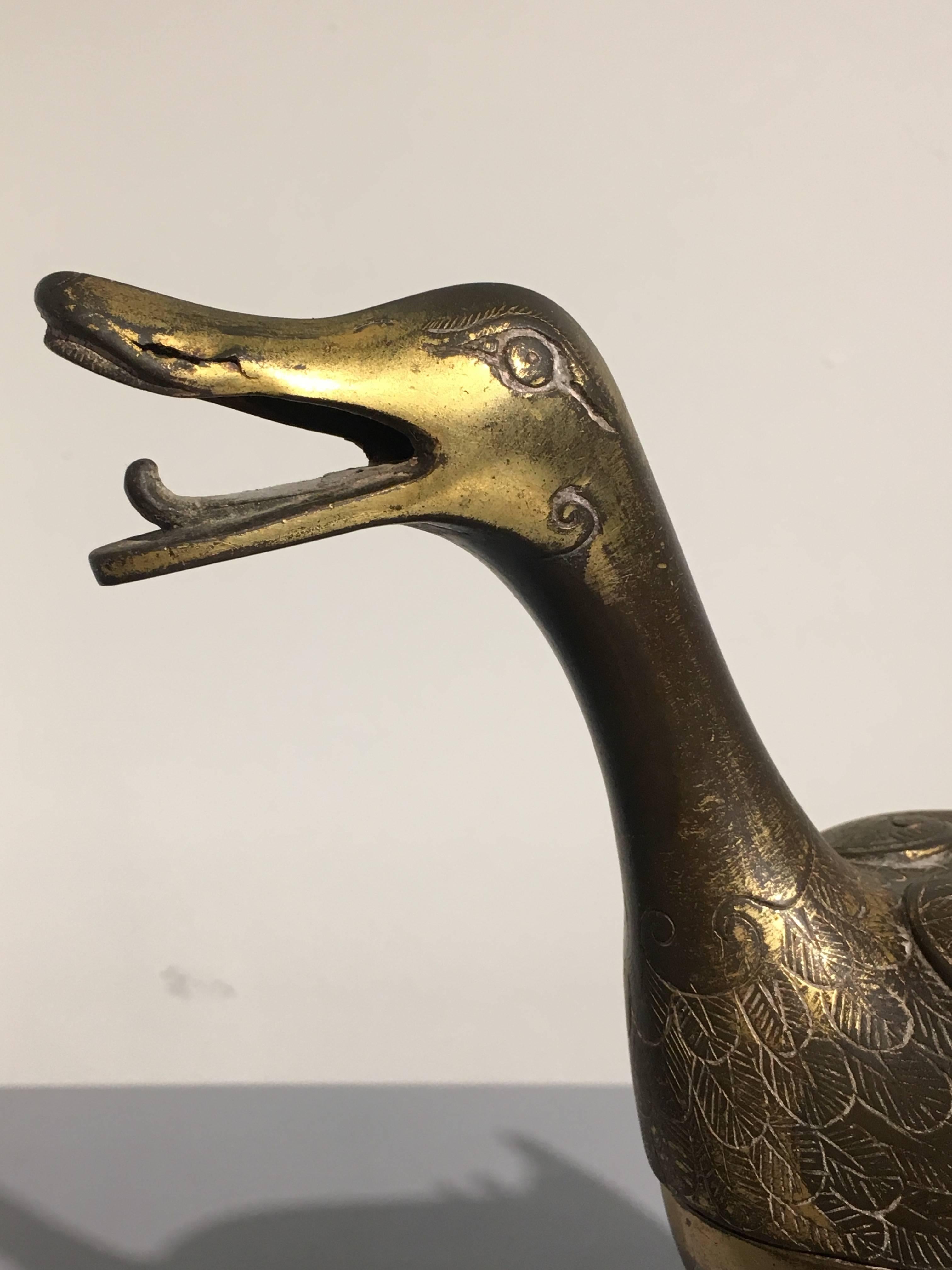Gold 17th Century Chinese Late Ming Dynasty Gilt Bronze Duck form Censer