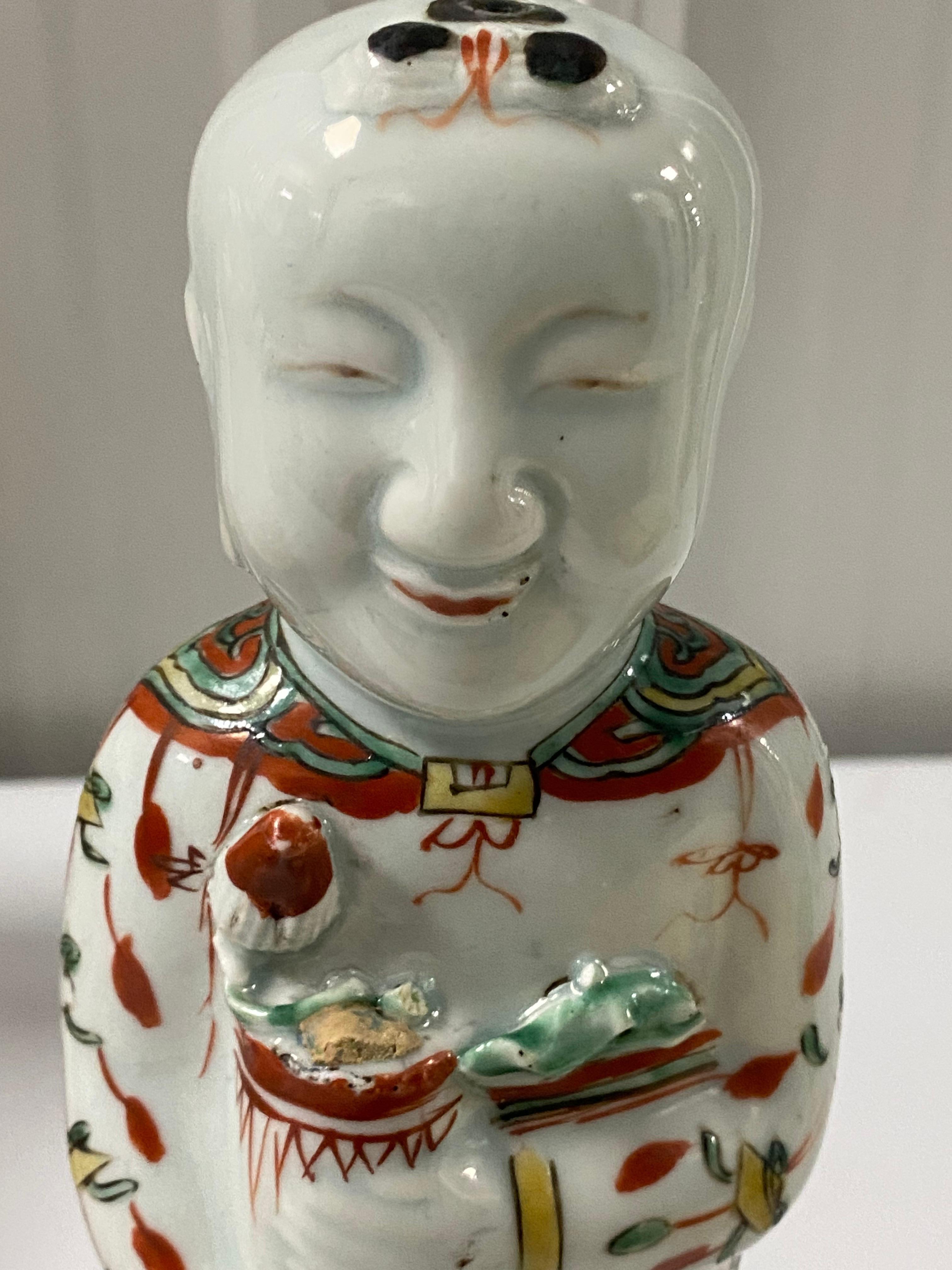 17th Century Chinese Porcelain Ho Ho Boy Figure in Wucai/Famille Vert Glaze For Sale 6