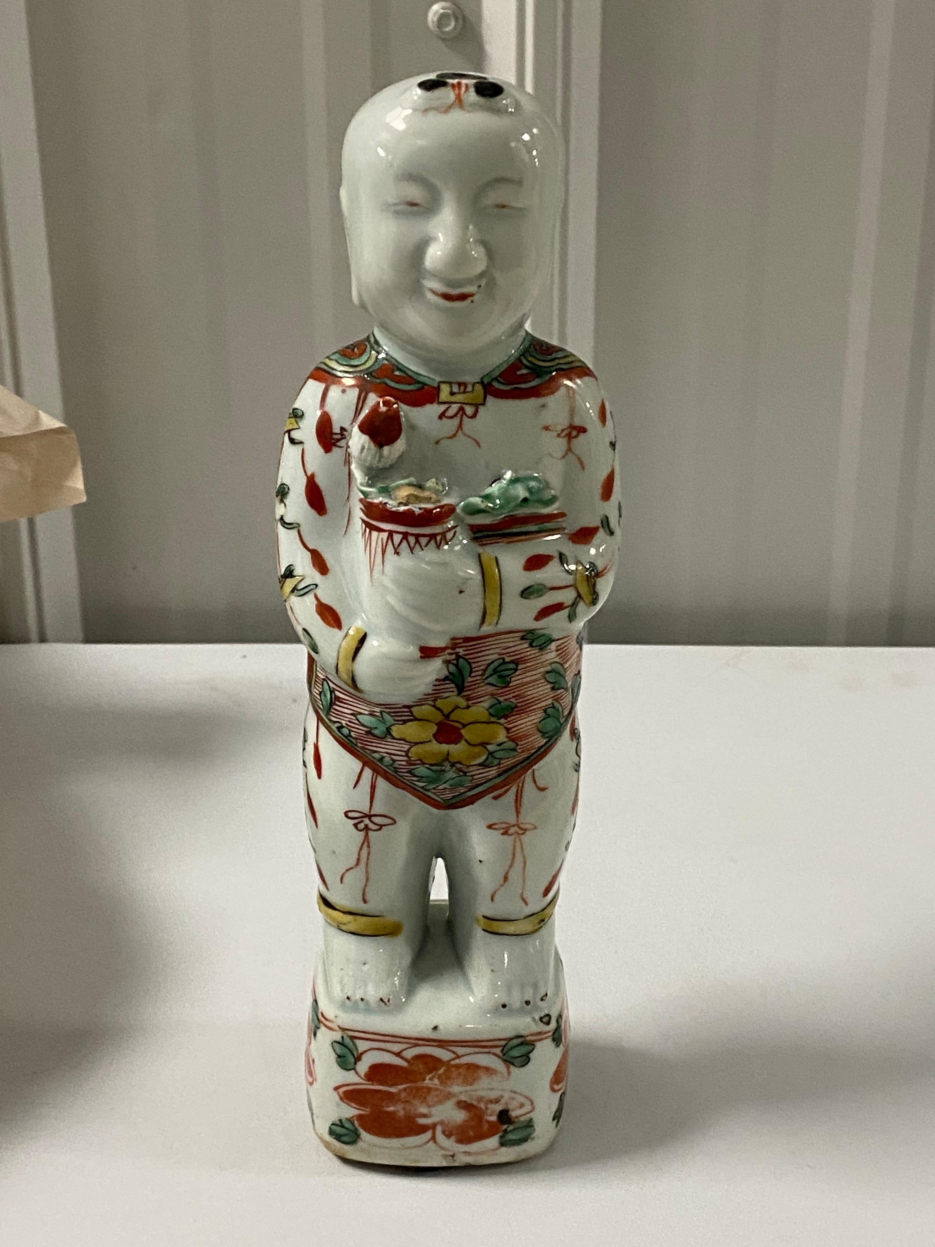 Hand-Painted 17th Century Chinese Porcelain Ho Ho Boy Figure in Wucai/Famille Vert Glaze For Sale