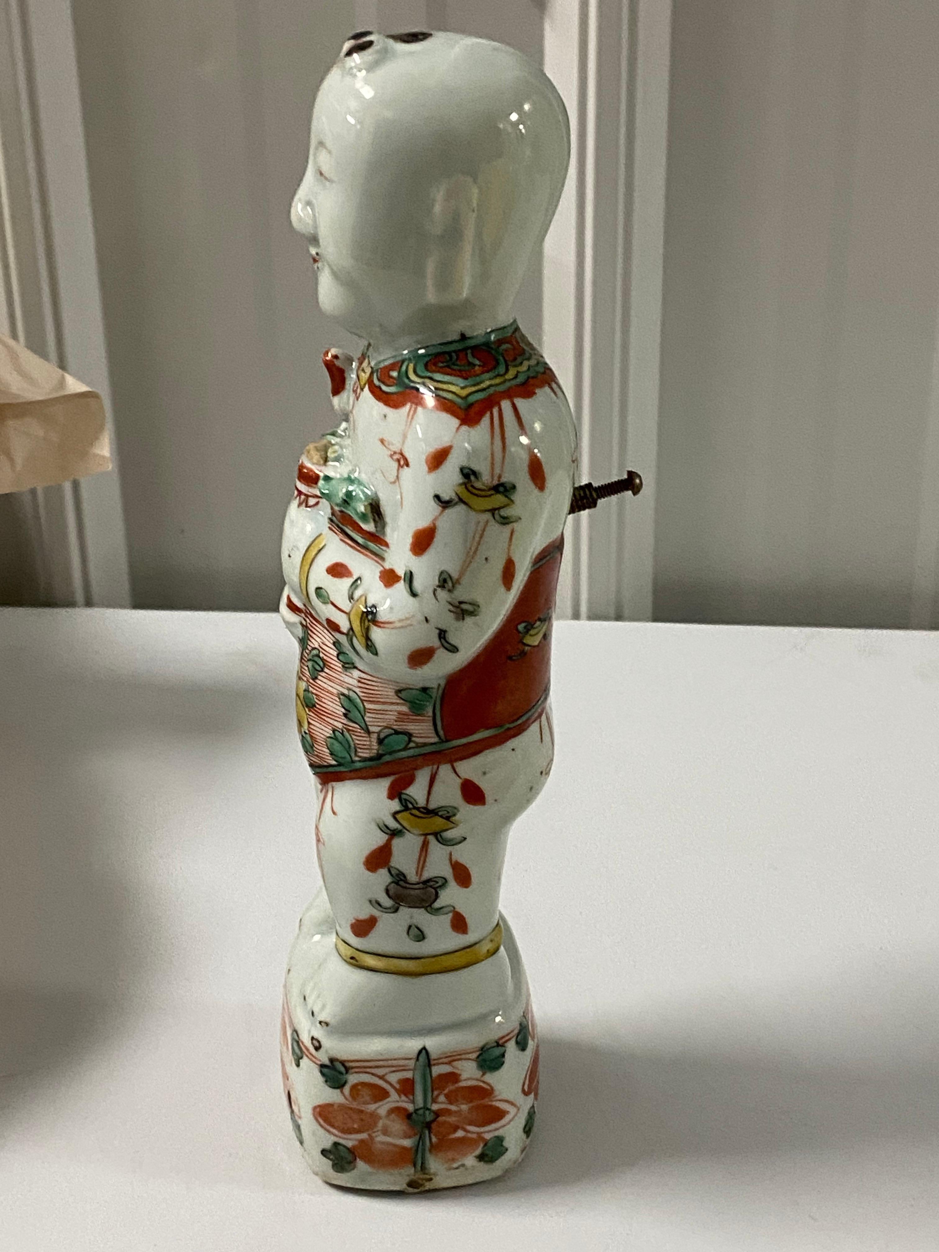 17th Century Chinese Porcelain Ho Ho Boy Figure in Wucai/Famille Vert Glaze In Good Condition For Sale In Southampton, NY