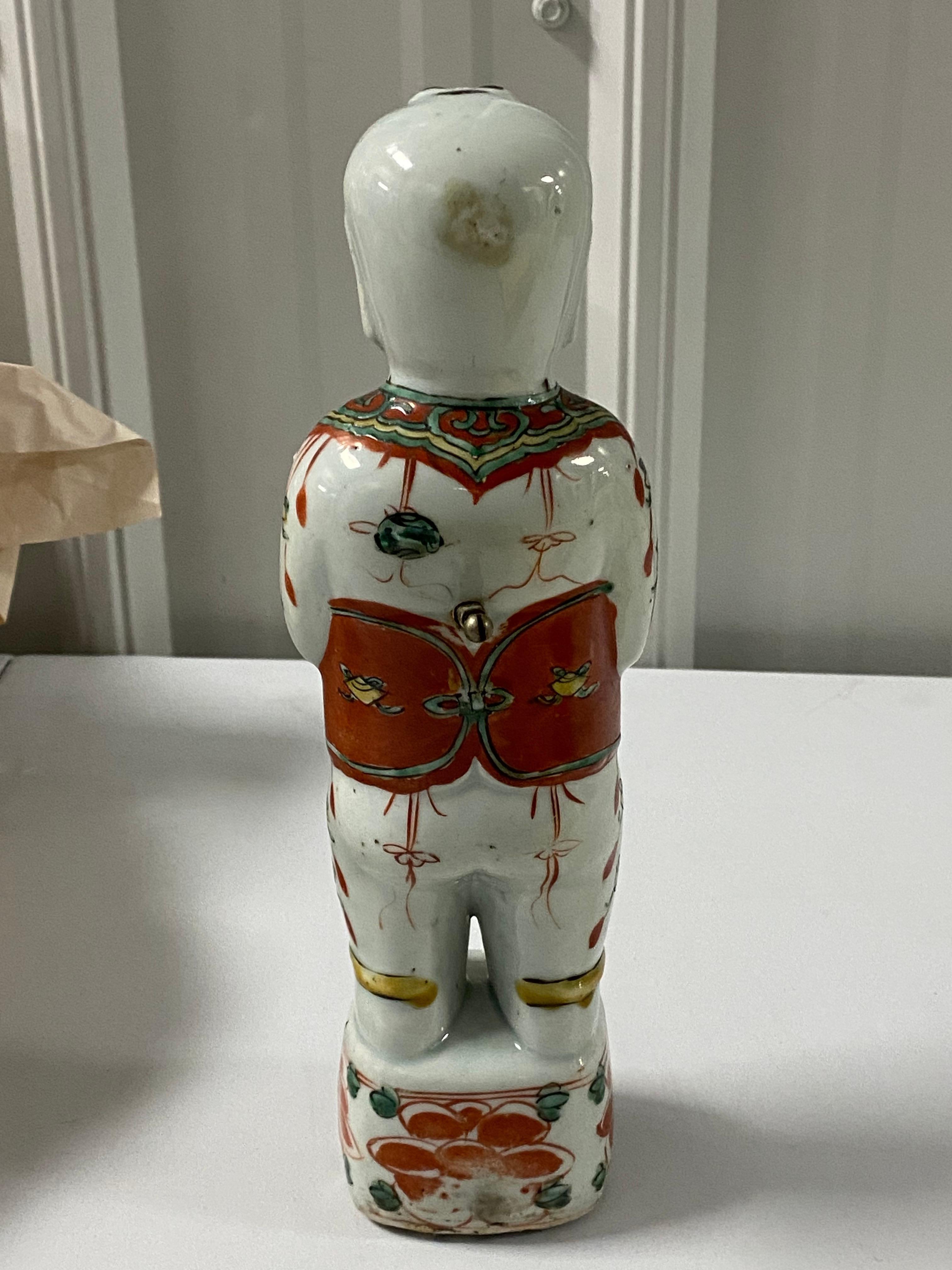 18th Century and Earlier 17th Century Chinese Porcelain Ho Ho Boy Figure in Wucai/Famille Vert Glaze For Sale