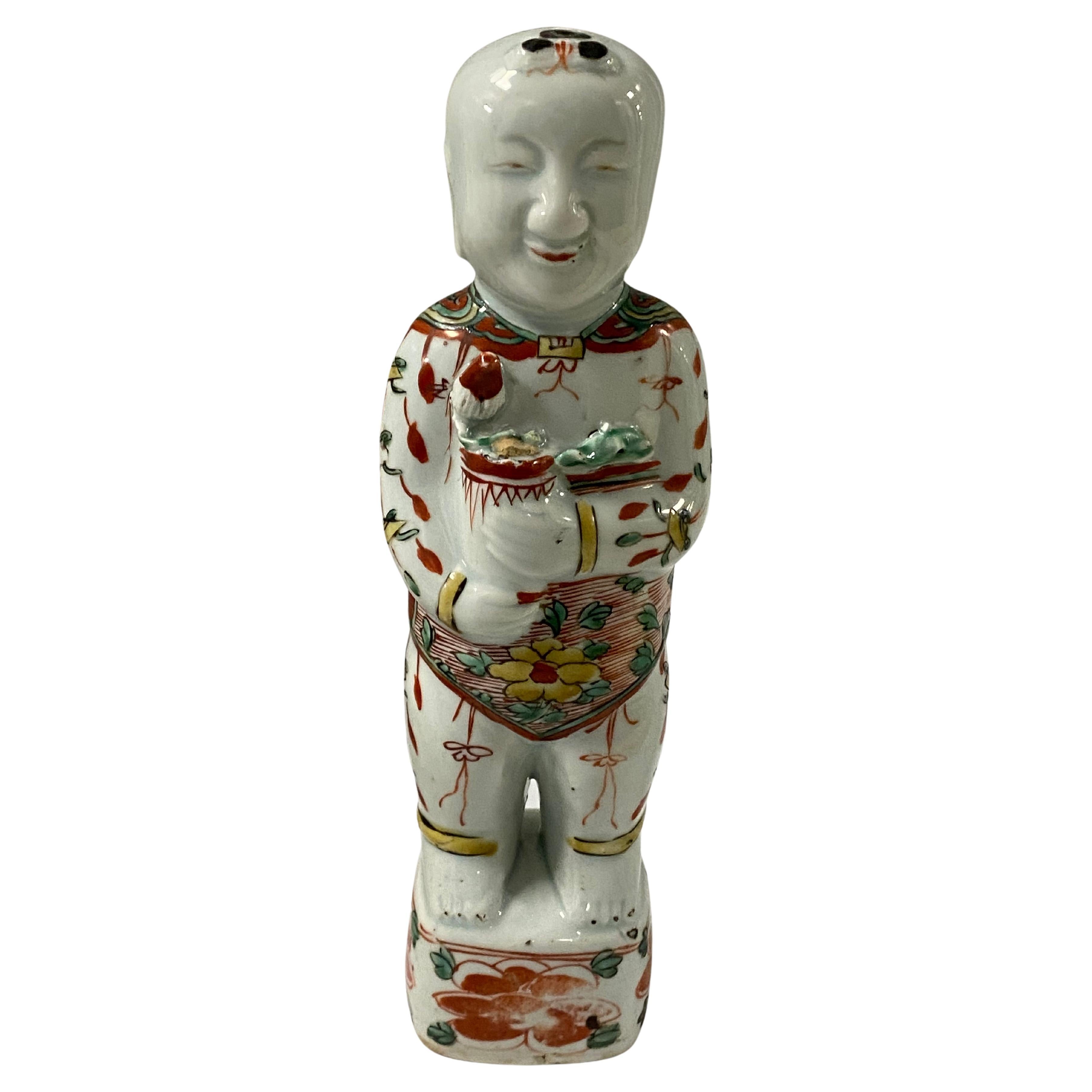 17th Century Chinese Porcelain Ho Ho Boy Figure in Wucai/Famille Vert Glaze
