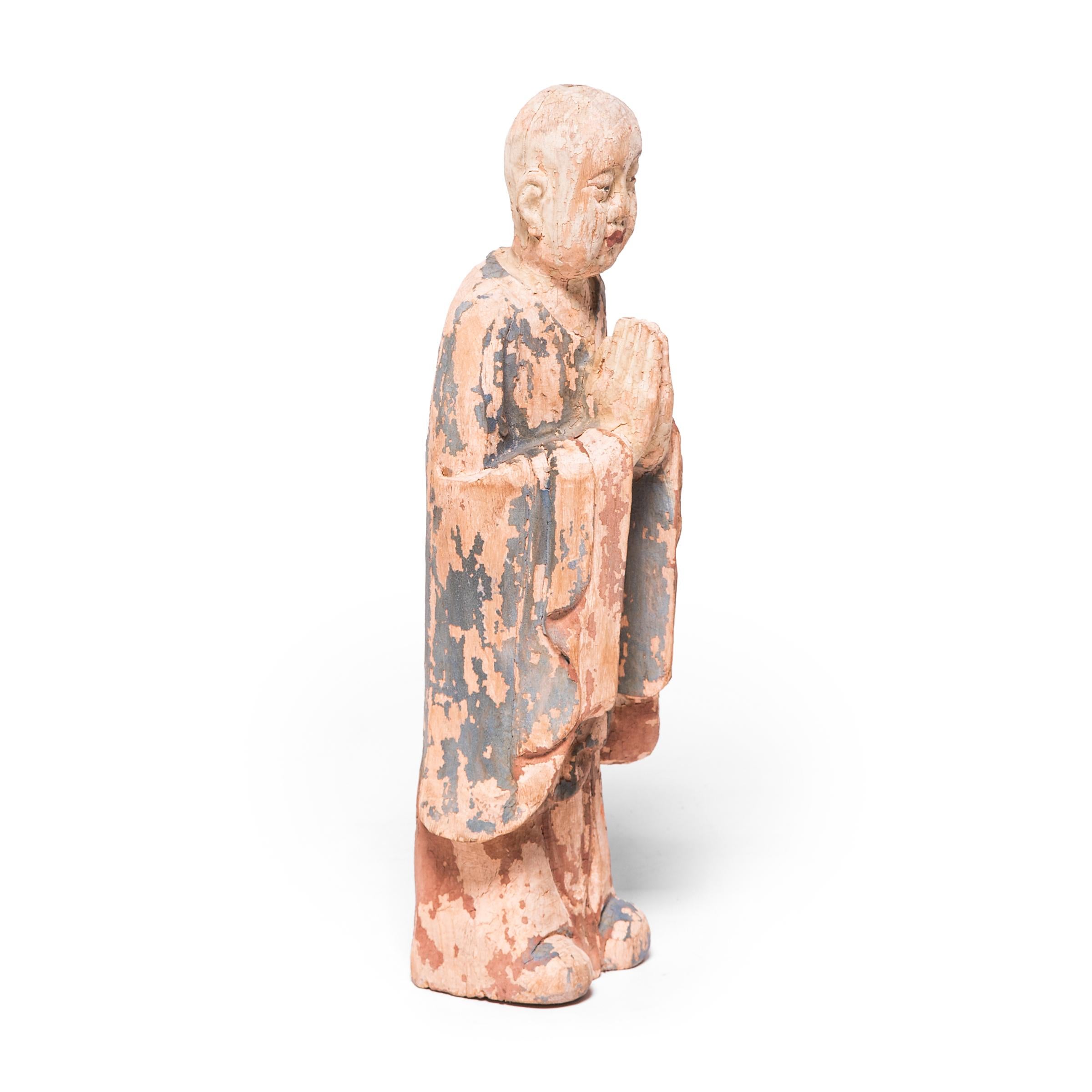 Polychromed 17th Century Chinese Standing Figure of a Buddhist Monk