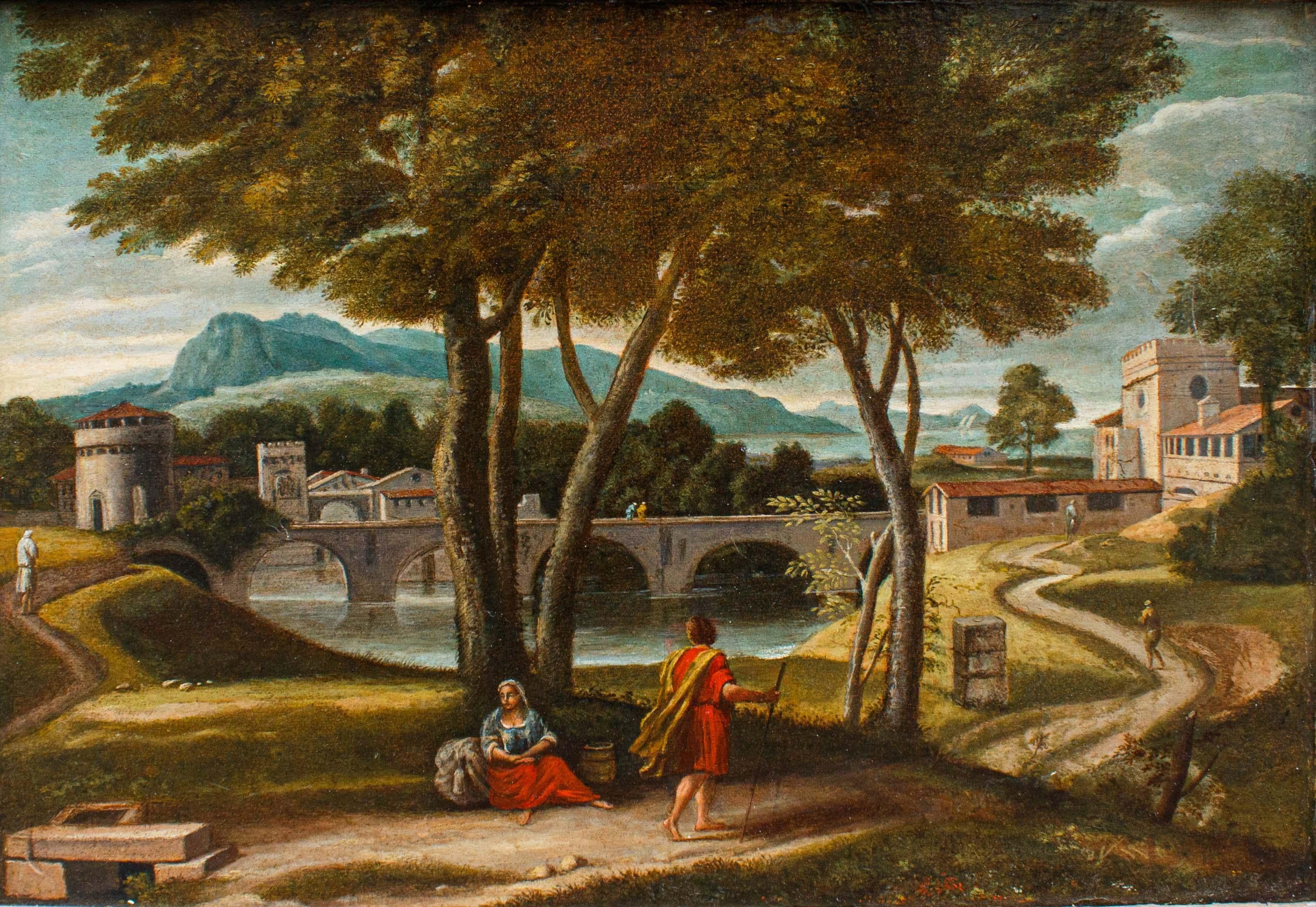 Roman school of the 17th century

Landscape with bridge - Christ and the Samaritan woman at the well

Oil on canvas, cm 42 x 59,5 - With frame, cm 54, 5 x 71 cm 

The small canvas portrays a broad view of the city surrounded by a bucolic and