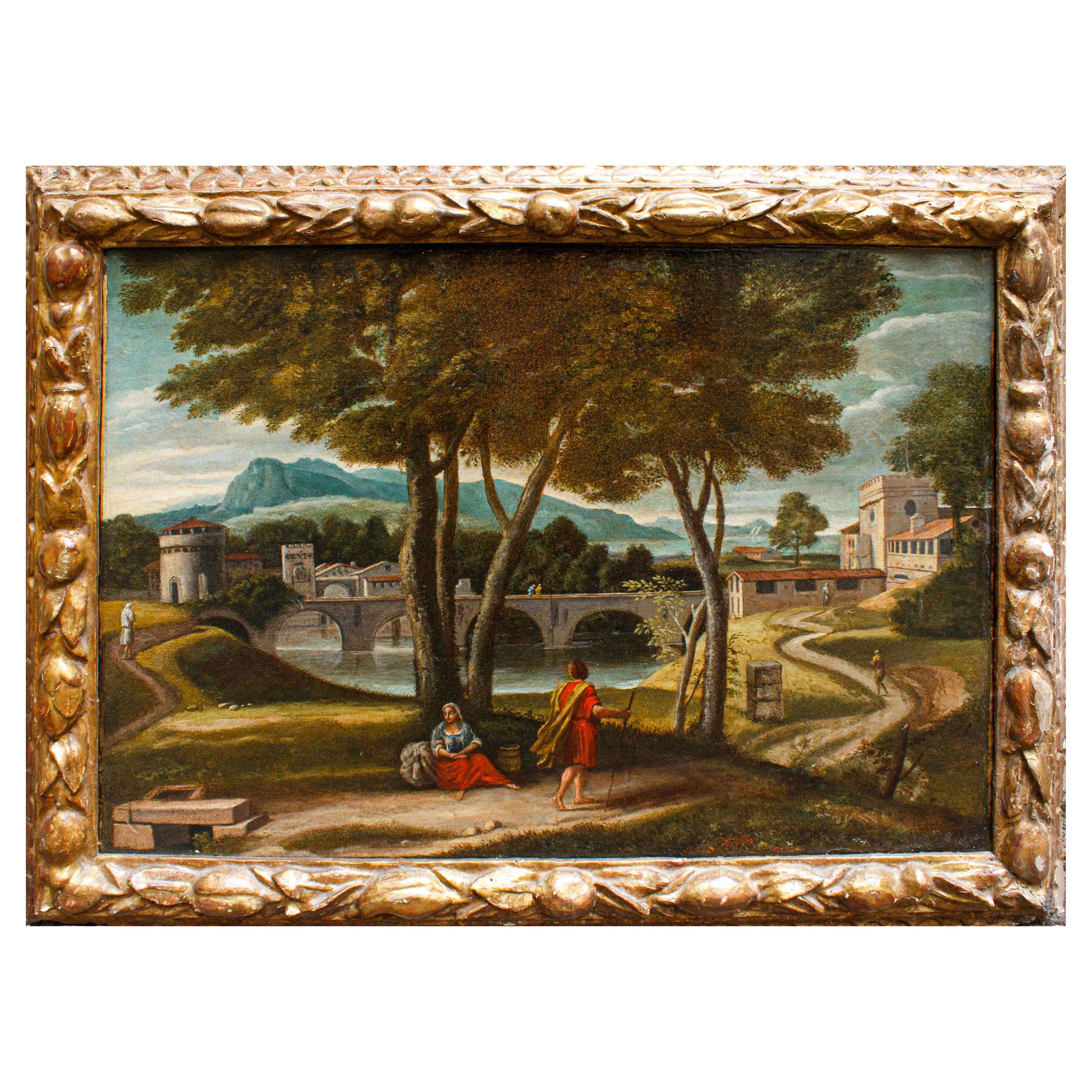 XVIIe siècle Le Christ et le Samaritain Huile sur toile École romane en vente