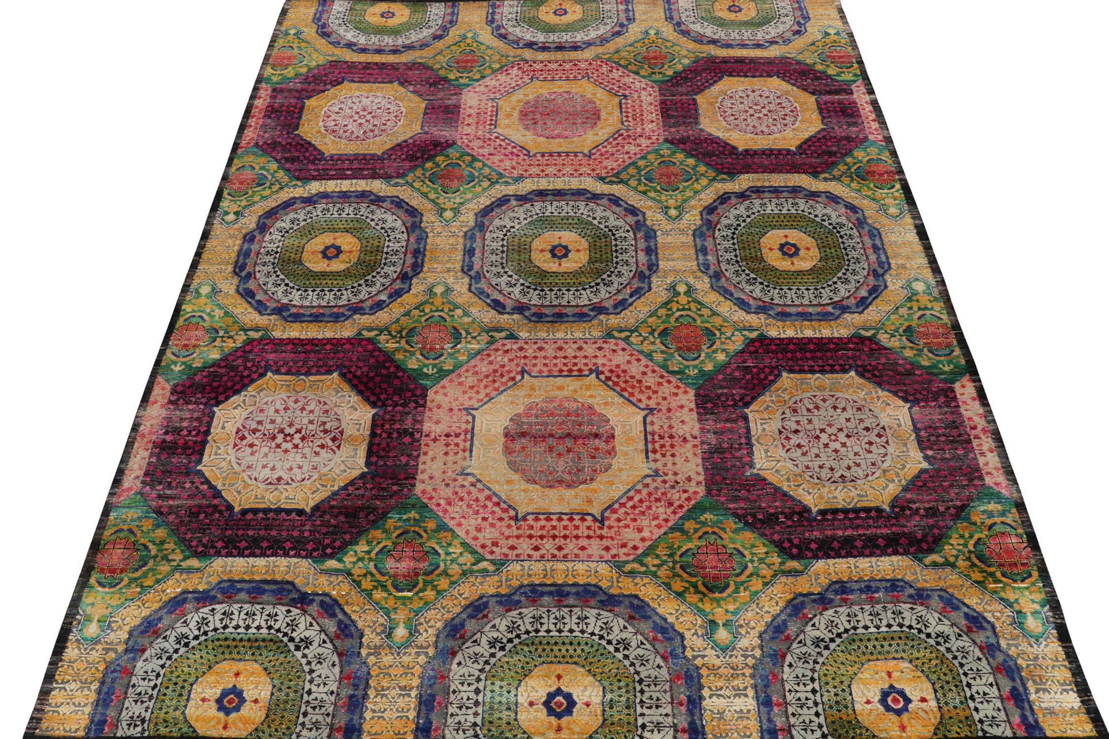 Indian 17th Century Classic Style Rug in Gold, Purple and Blue Medallion Patterns For Sale