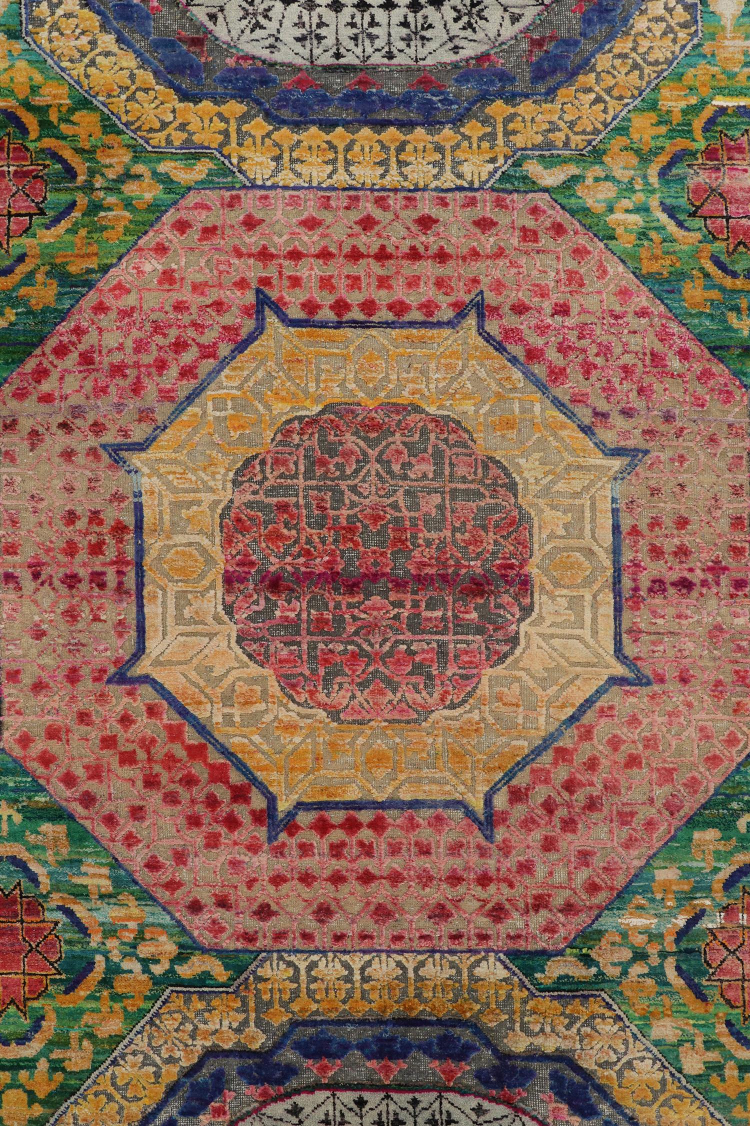 Contemporary 17th Century Classic Style Rug in Gold, Purple and Blue Medallion Patterns For Sale