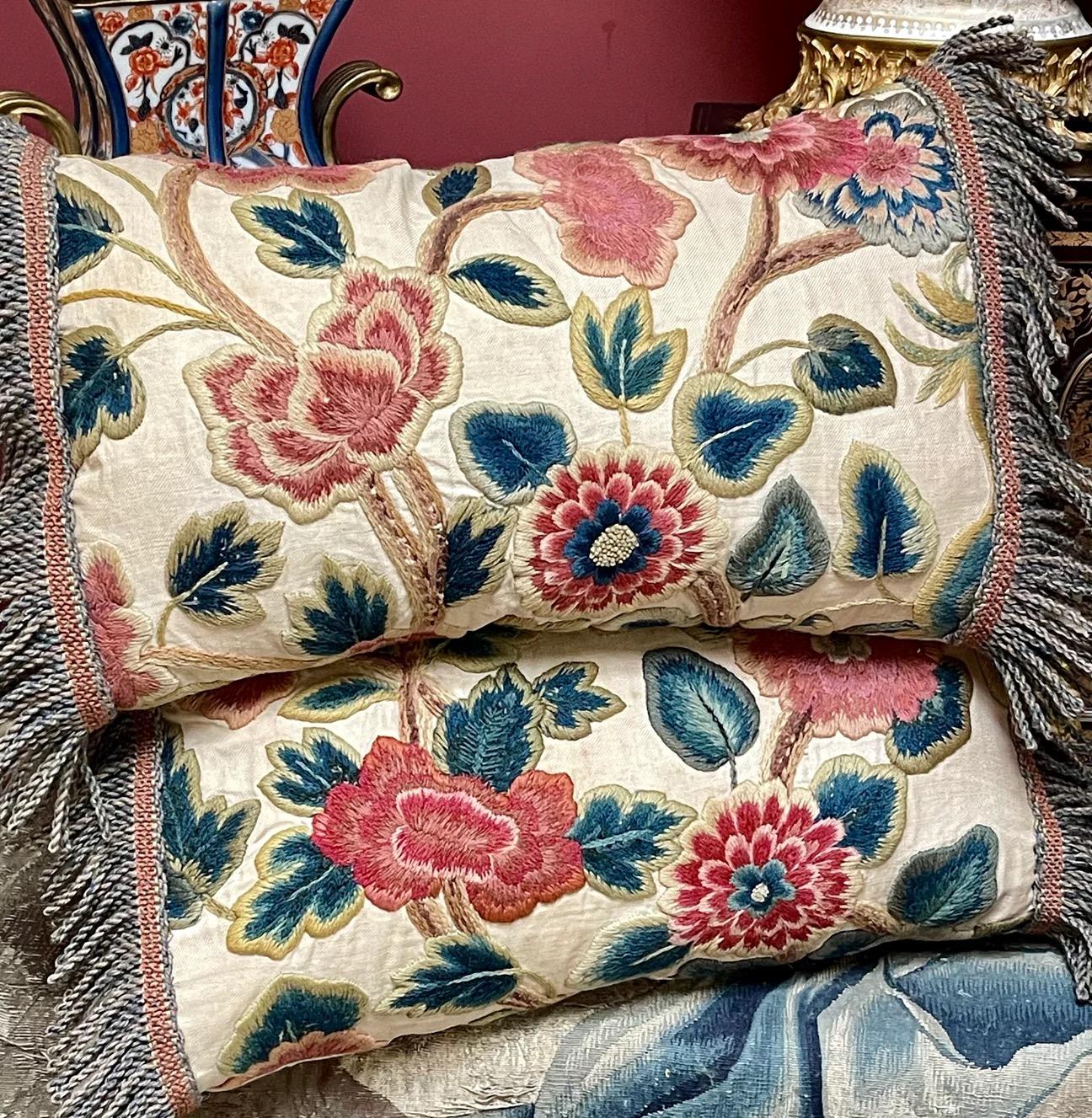 Country 17th Century Crewelwork Pillows PAIR