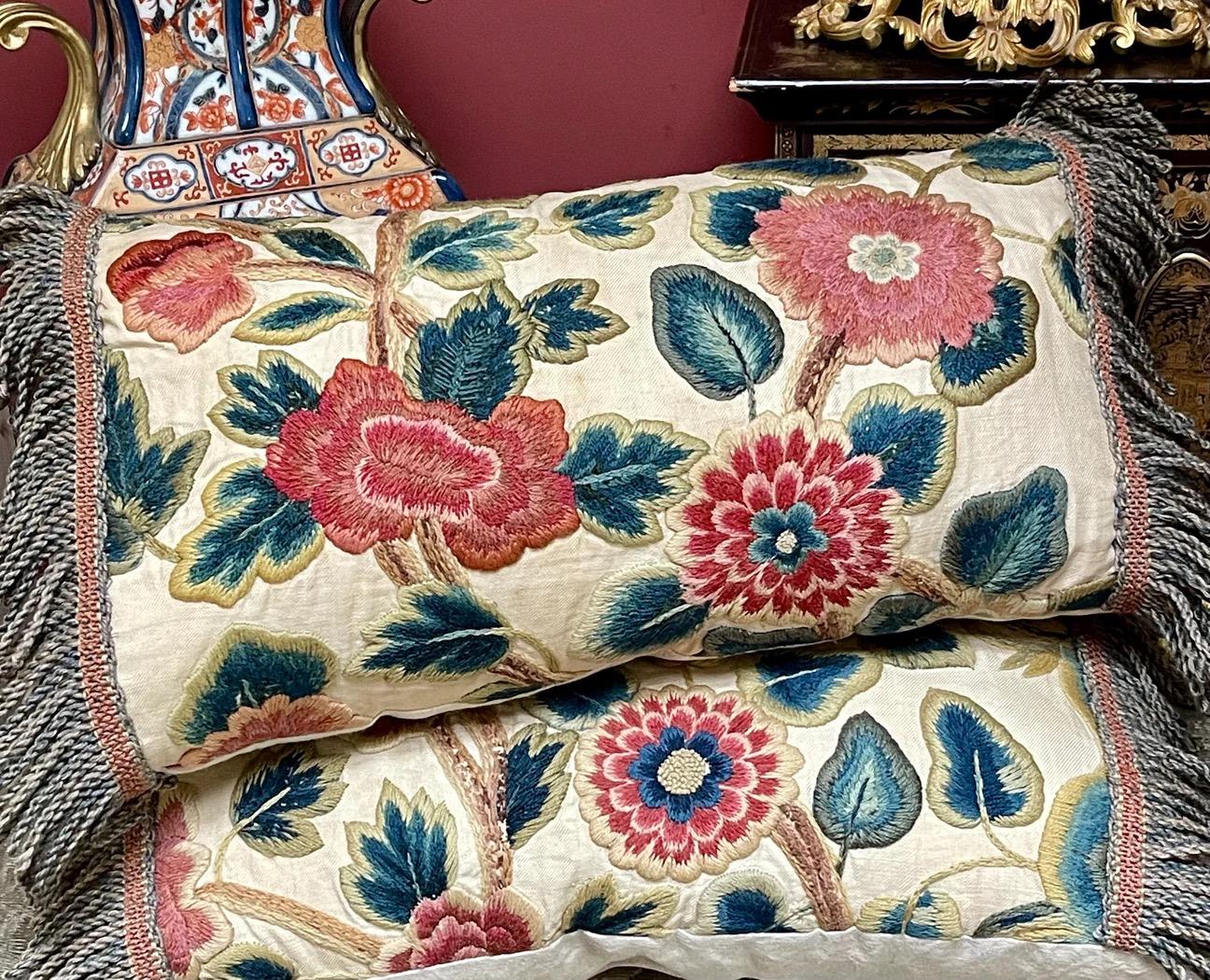 English 17th Century Crewelwork Pillows PAIR