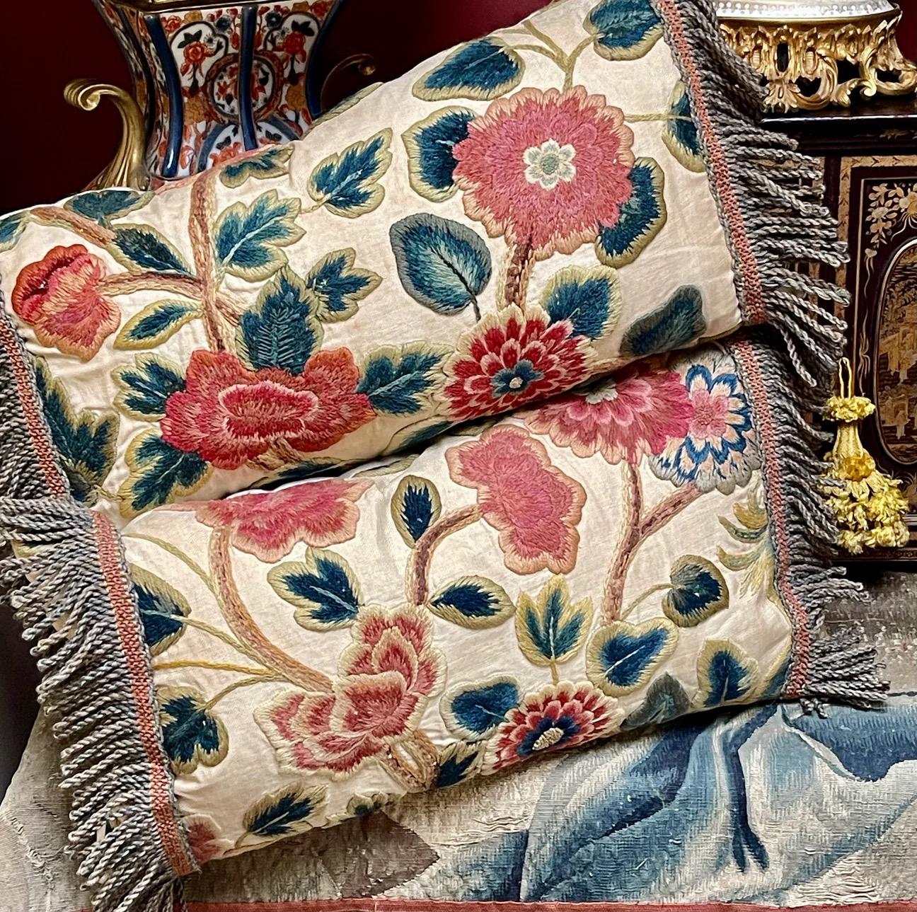 Hand-Crafted 17th Century Crewelwork Pillows PAIR