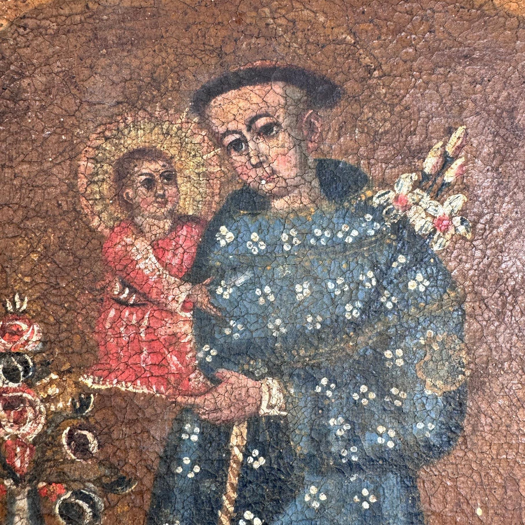 Eine außergewöhnliche 17. Jahrhundert Cuzco Schule (Spanische Schule, Peru) Öl auf Leinwand von St. Antonius von Padua hält das Christuskind.



Wir haben dieses unglaubliche Gemälde in einen edlen, vergoldeten Holzrahmen einrahmen lassen und hinter