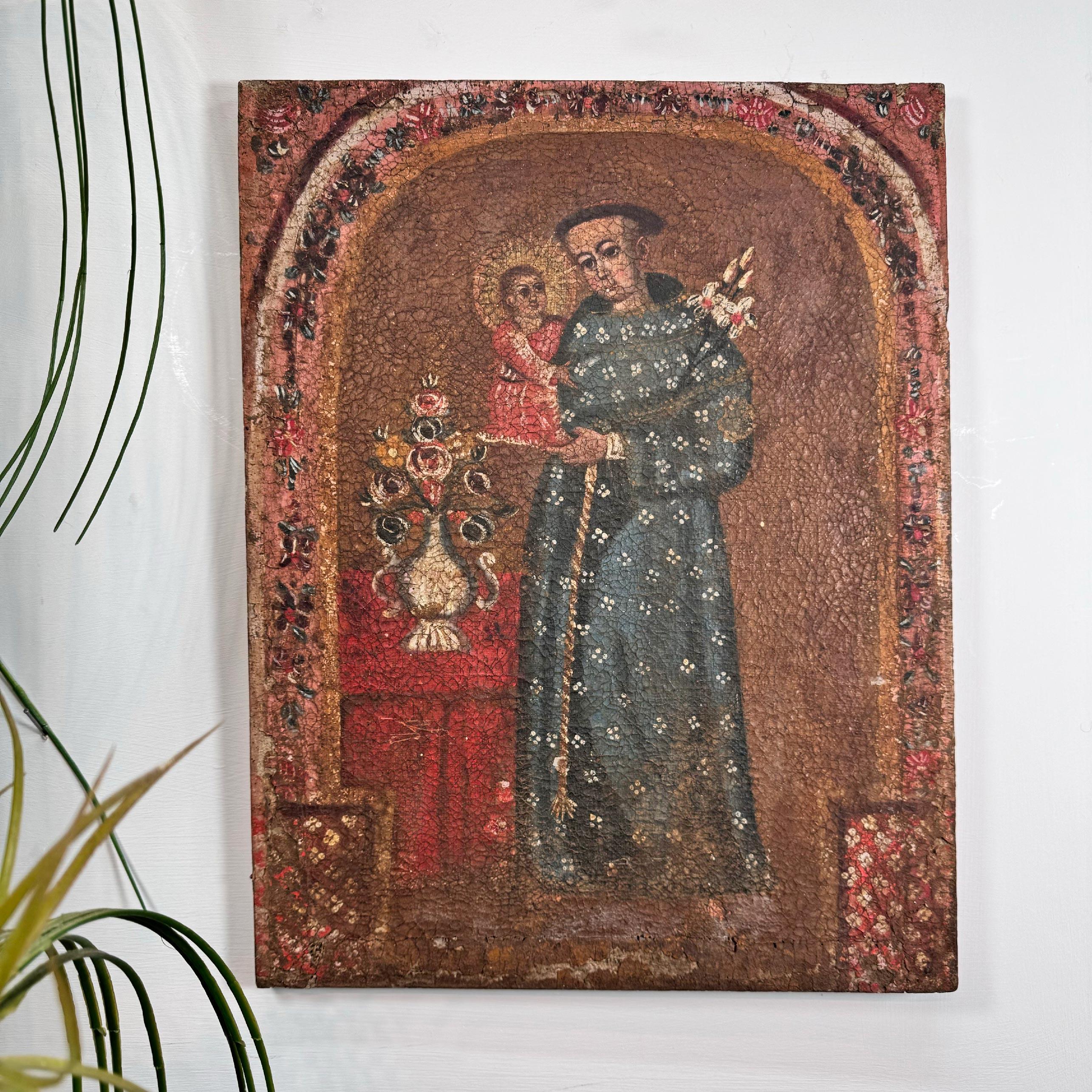 Hand-Painted 17th Century Cuzco Oil on Canvas of Saint Anthony of Padua For Sale