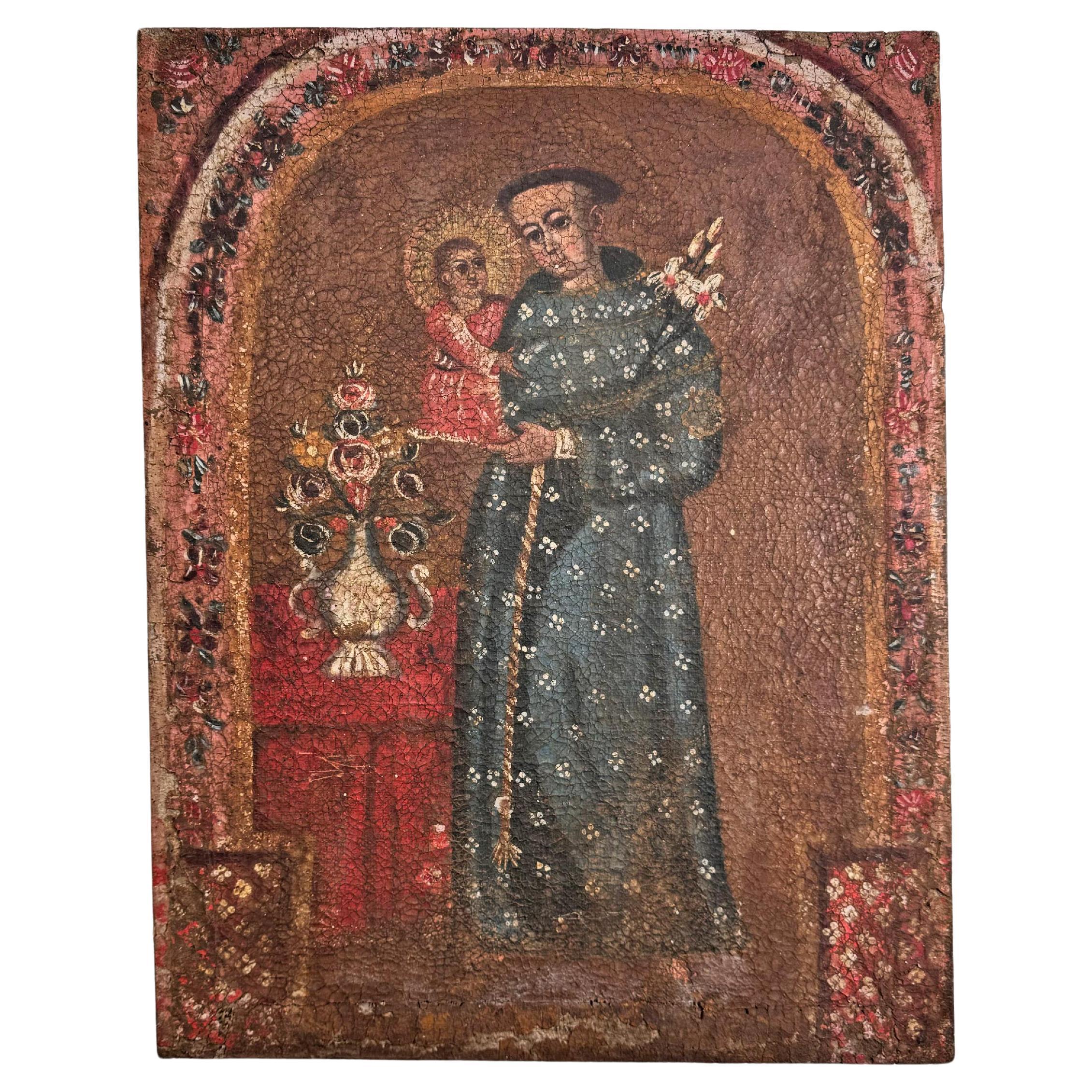 17th Century Cuzco Oil on Canvas of Saint Anthony of Padua For Sale