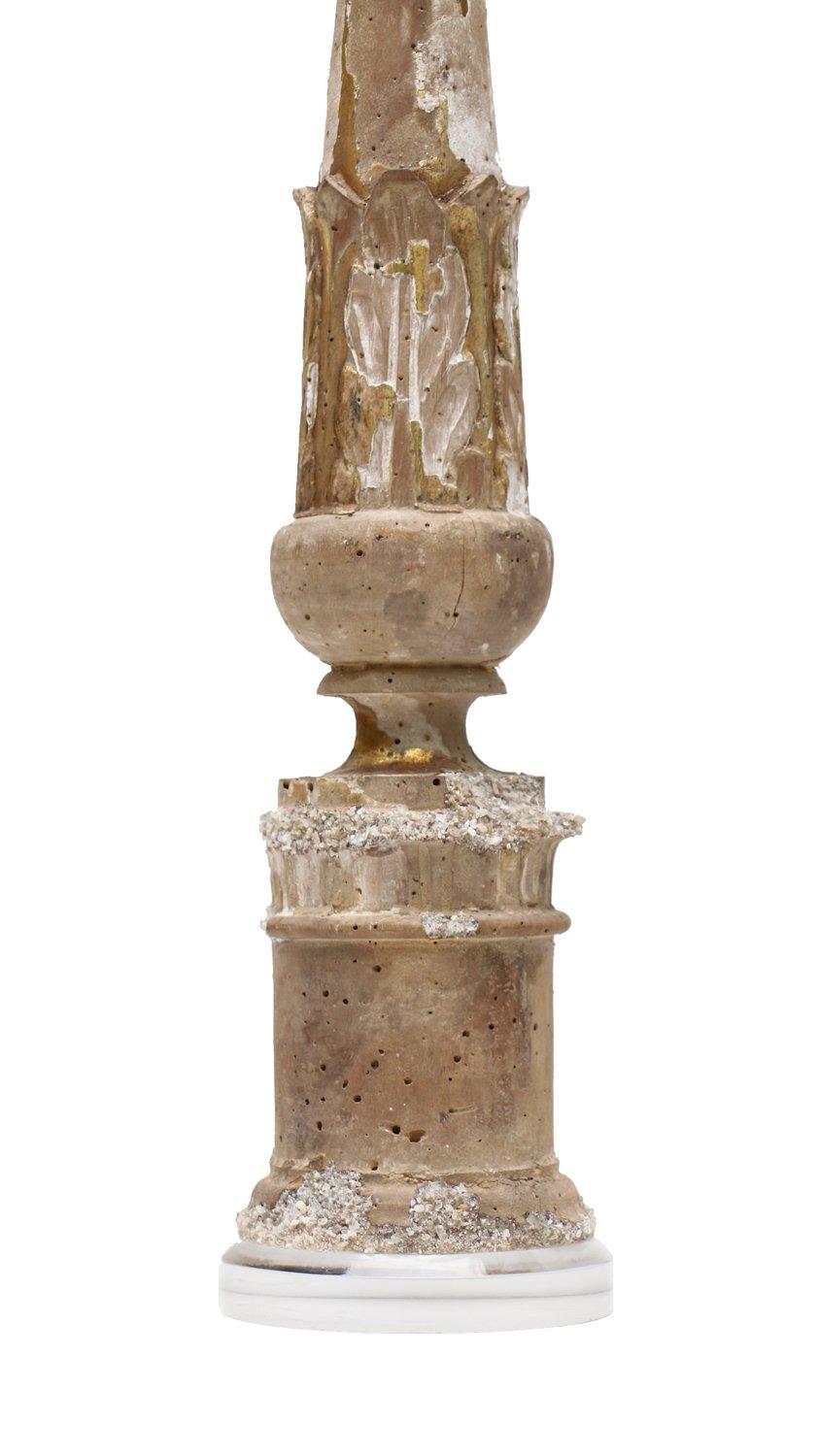 Hand-Carved 17th Century Italian Candlestick with Fossil Agate Coral & Pearls on Lucite For Sale